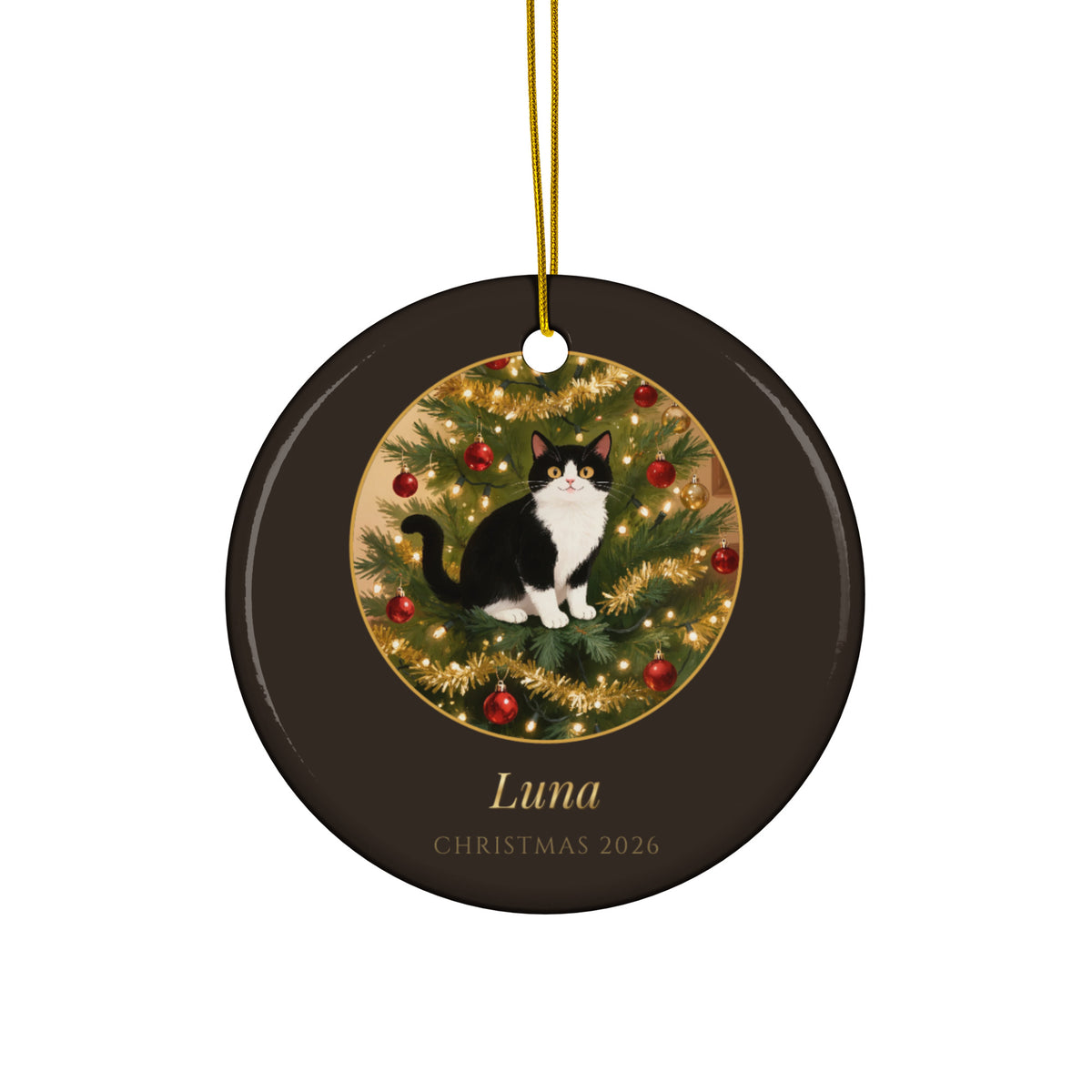 christmas cat portrait – product photo – Up the Christmas Tree Ornament