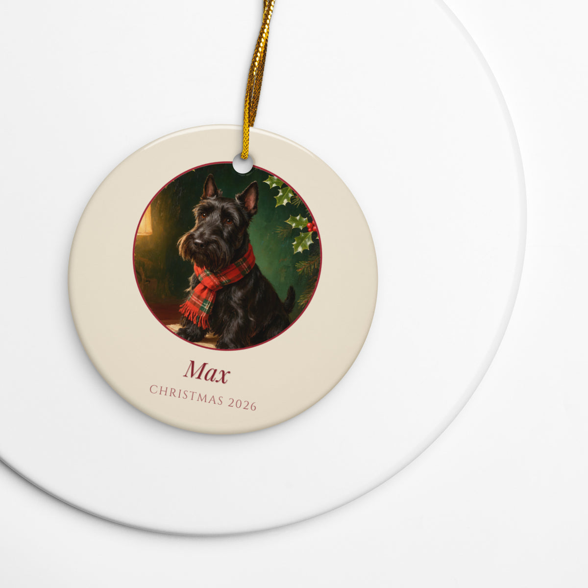 christmas pet portrait – lifestyle photo – Heirloom Tartan Portrait Ornament