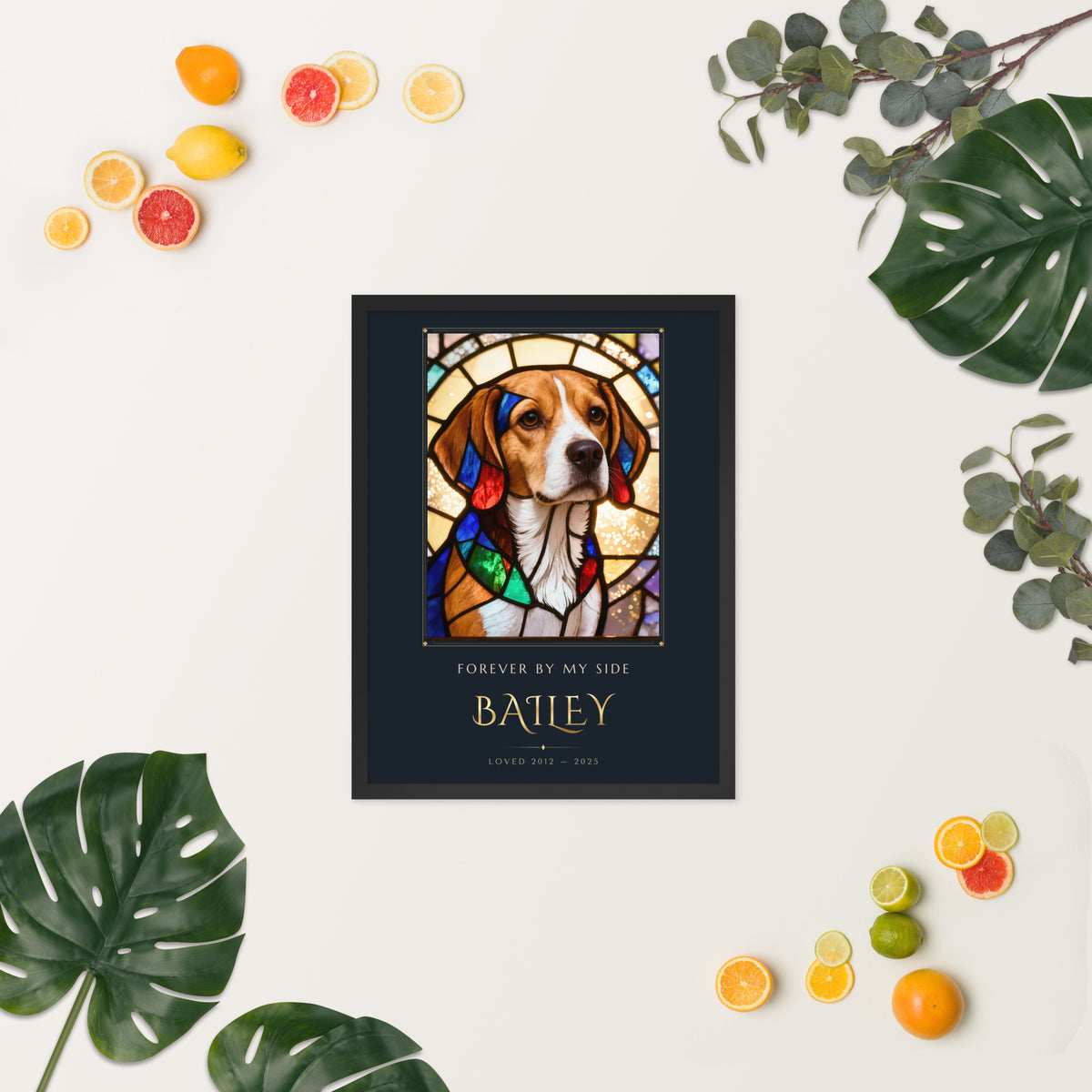 Stained Glass Pet Memorial Portrait – lifestyle photo, spring/summer – Framed Print