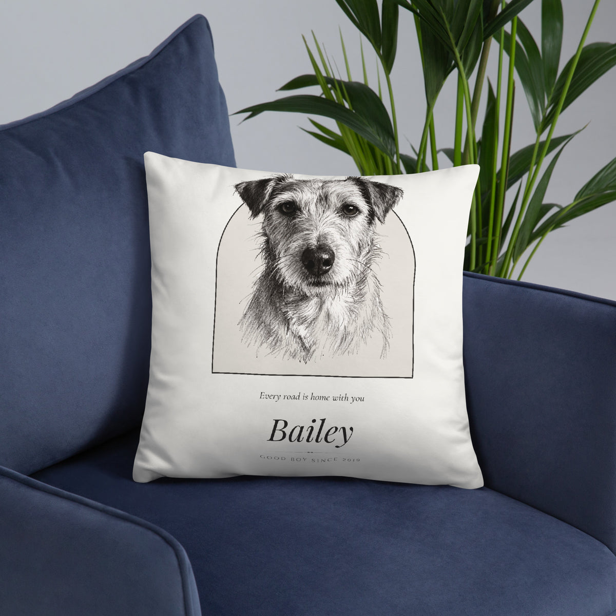 Pencil Sketch Dog Portrait – lifestyle photo, front lifestyle 6 – Throw Pillow