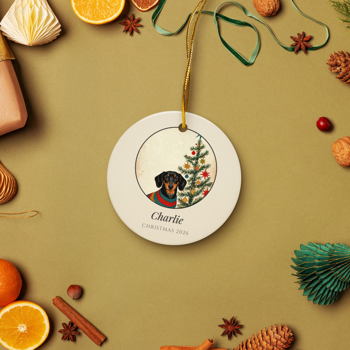 christmas pet portrait – lifestyle photo – 1950s Christmas Card Ornament