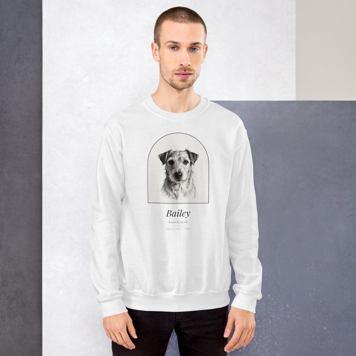 Pencil Sketch Pet Memorial Portrait – lifestyle photo – Crewneck Sweatshirt