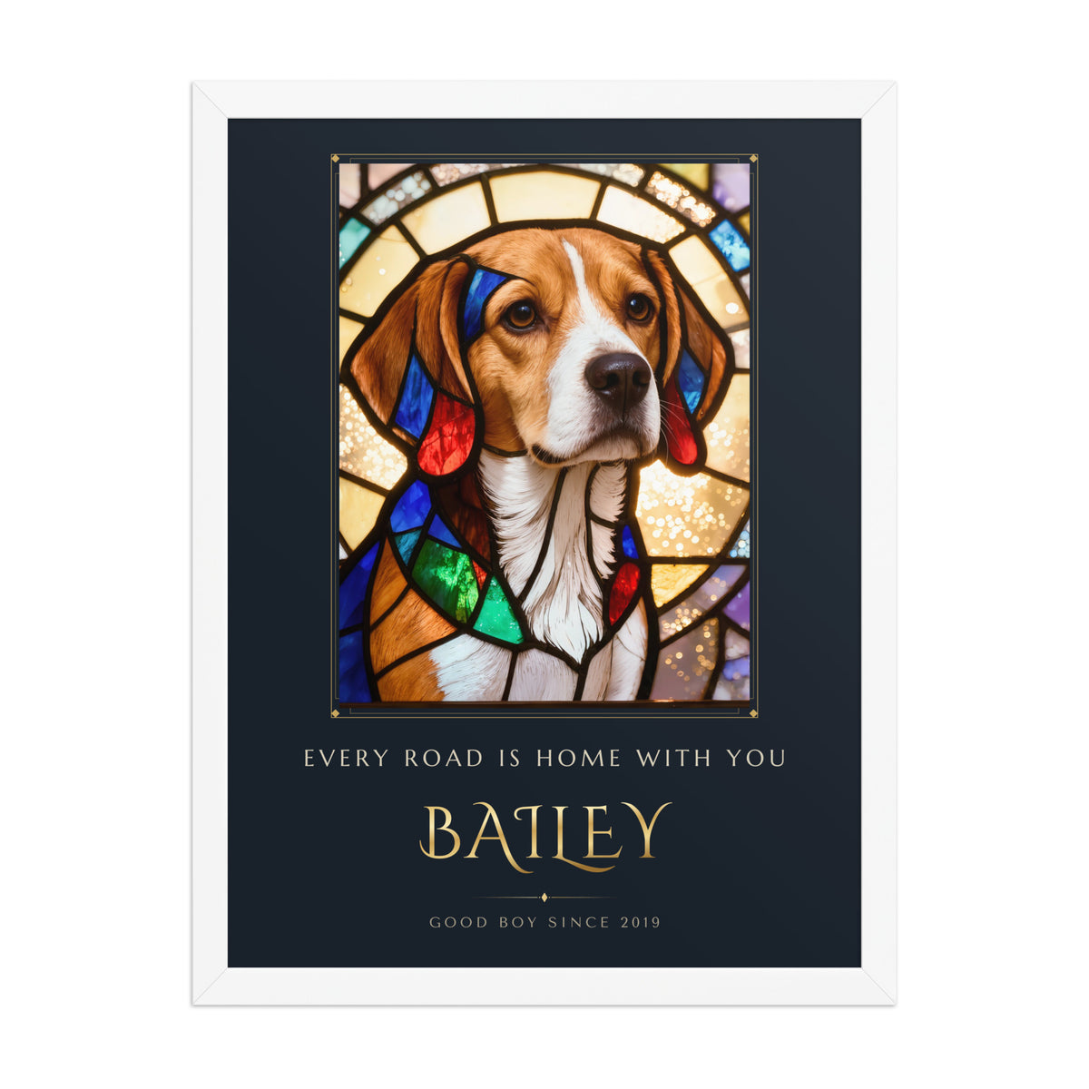 Stained Glass Dog Portrait – front view – Framed Print