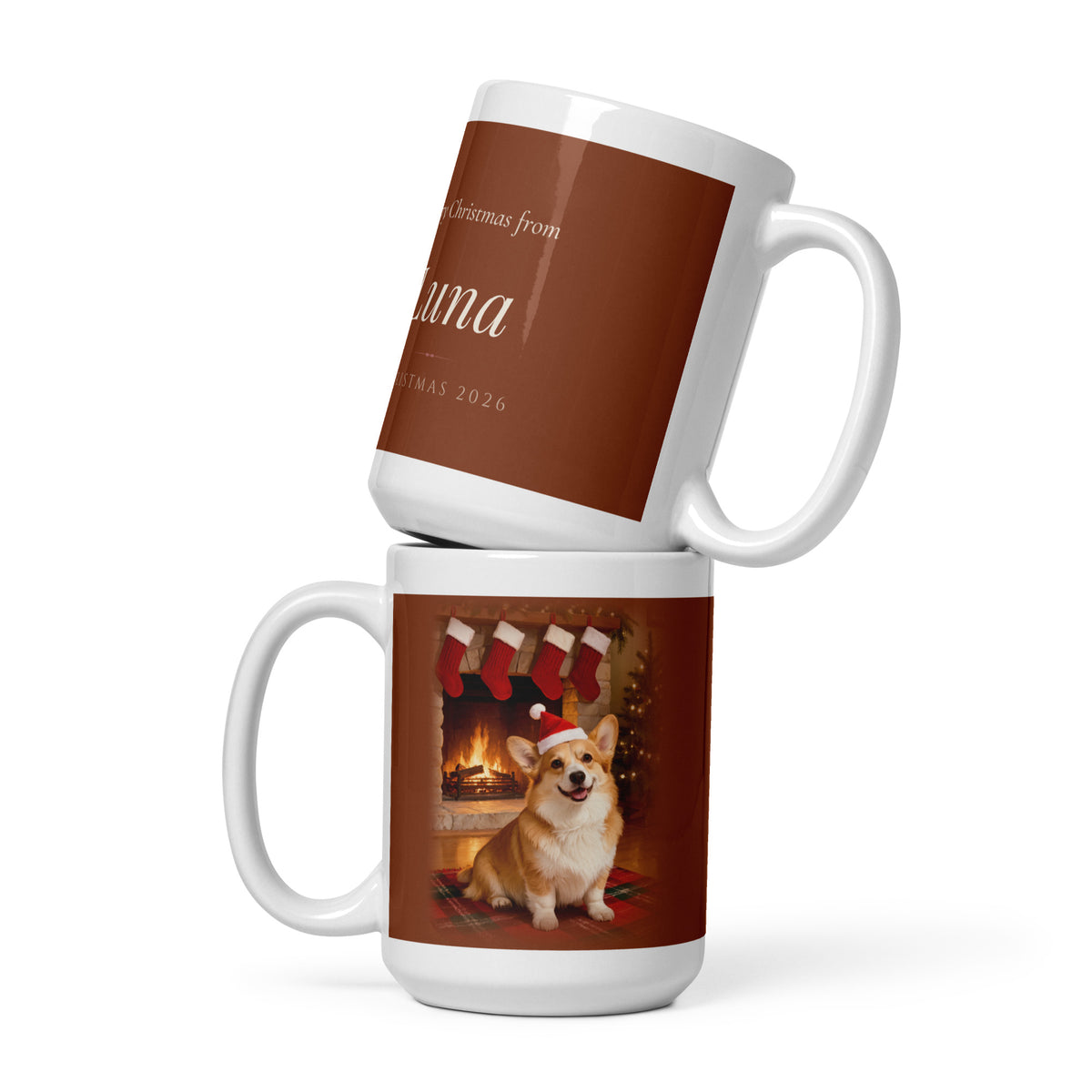 christmas pet portrait – front view, front view – Christmas Eve by the Fireplace Mug