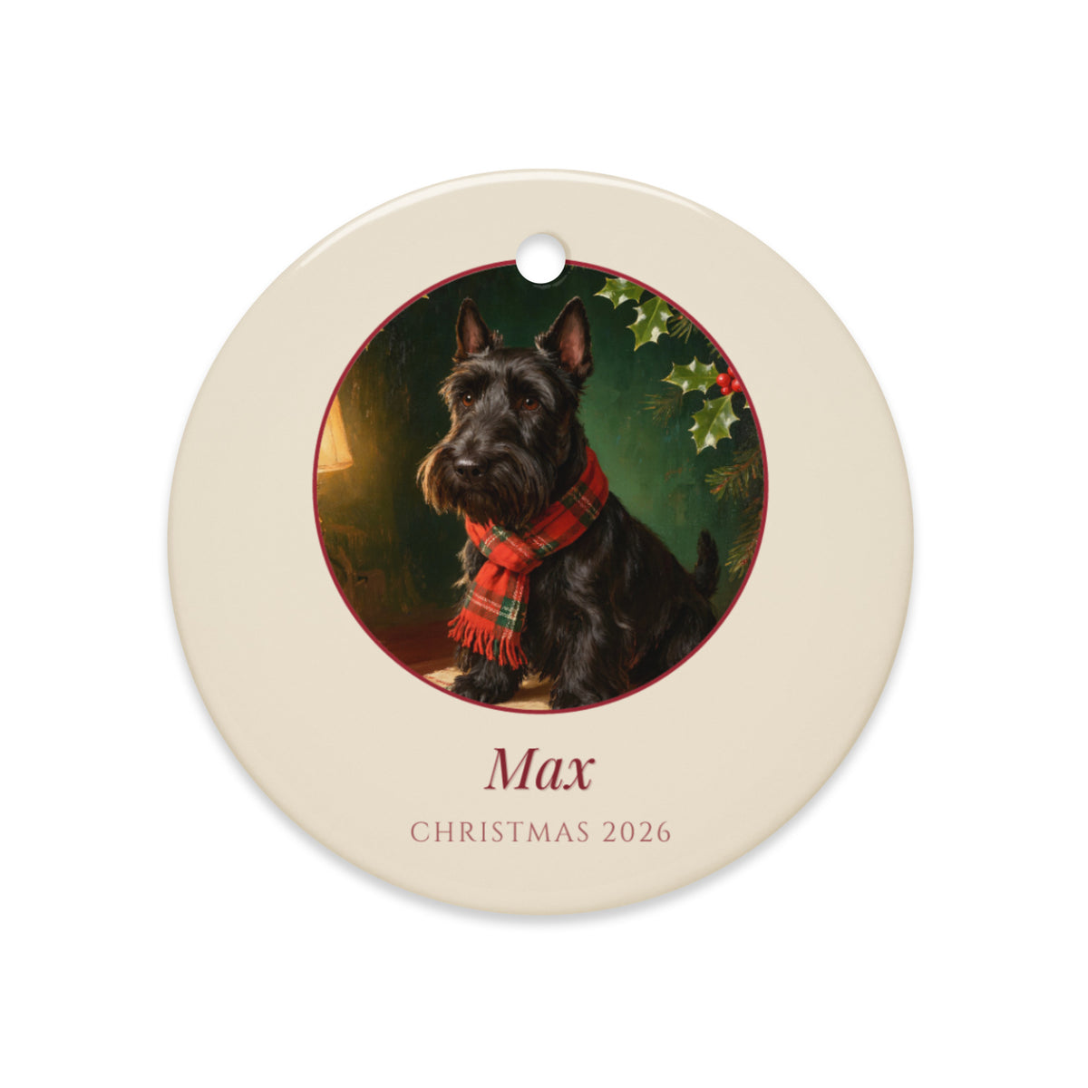 christmas pet portrait – lifestyle photo – Heirloom Tartan Portrait Ornament