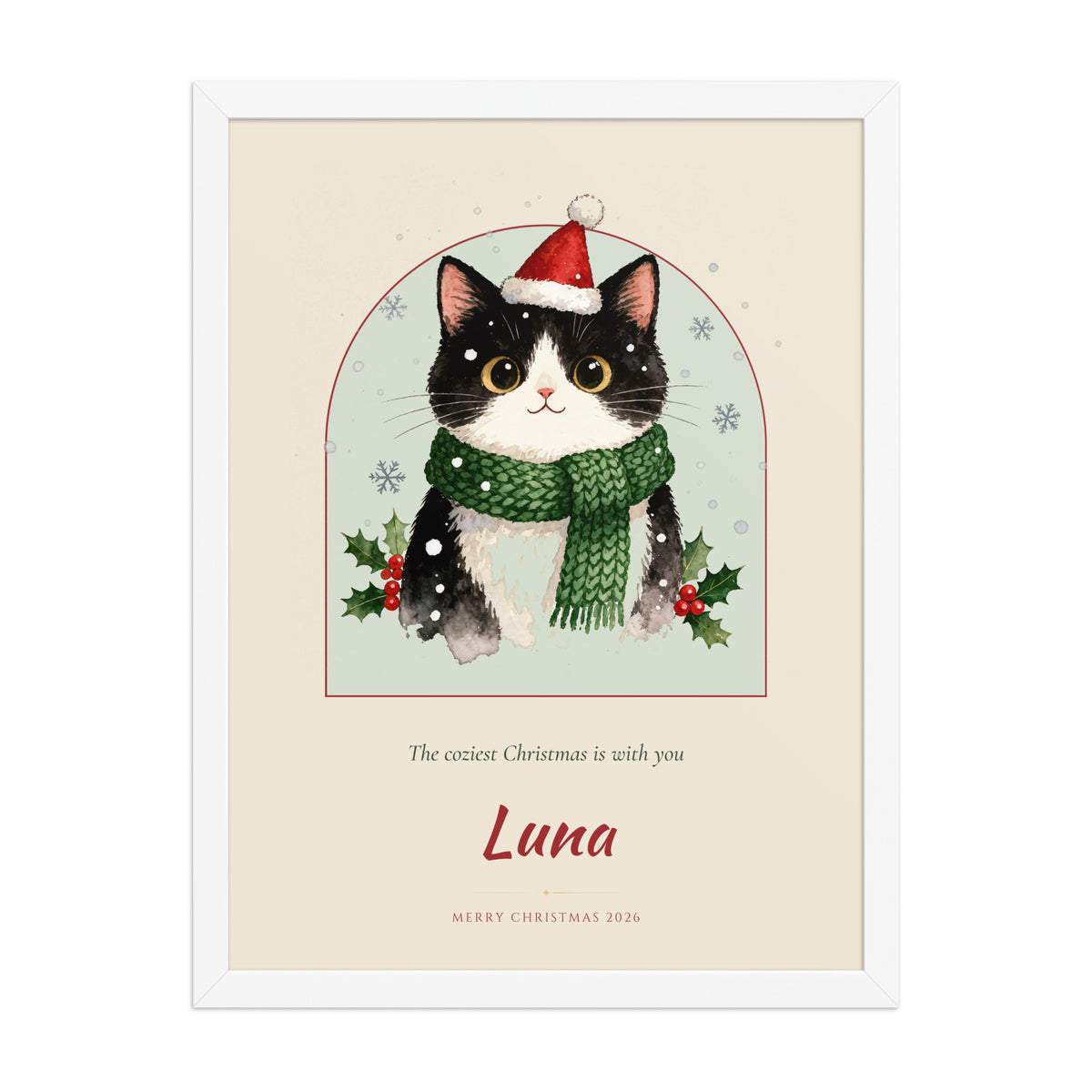 Christmas Cat Portrait – front view – Framed Print