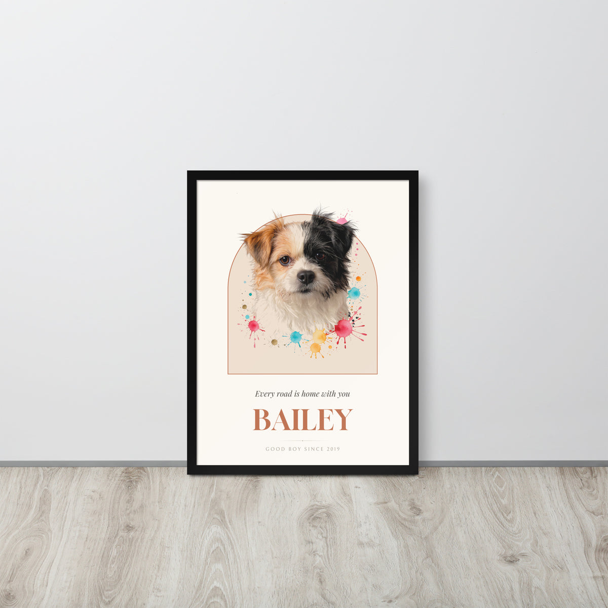 Watercolor Splash Dog Portrait – lifestyle photo – Framed Print