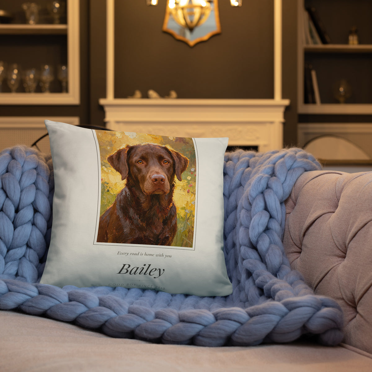 Oil Painting Dog Portrait – lifestyle photo, front lifestyle 3 – Throw Pillow