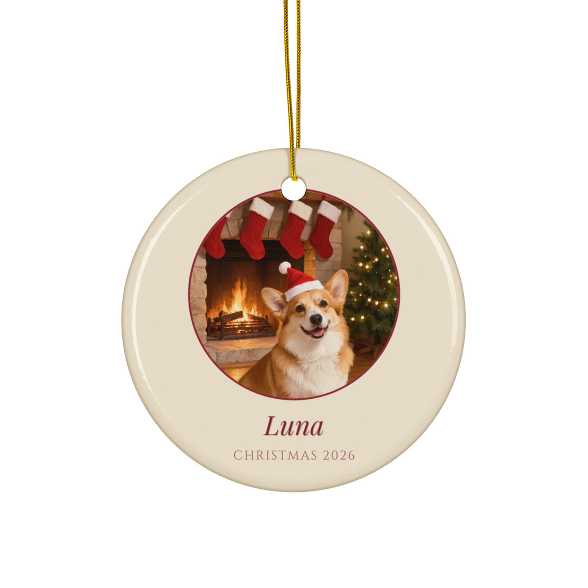 christmas pet portrait – product photo – Christmas Eve by the Fireplace Ornament