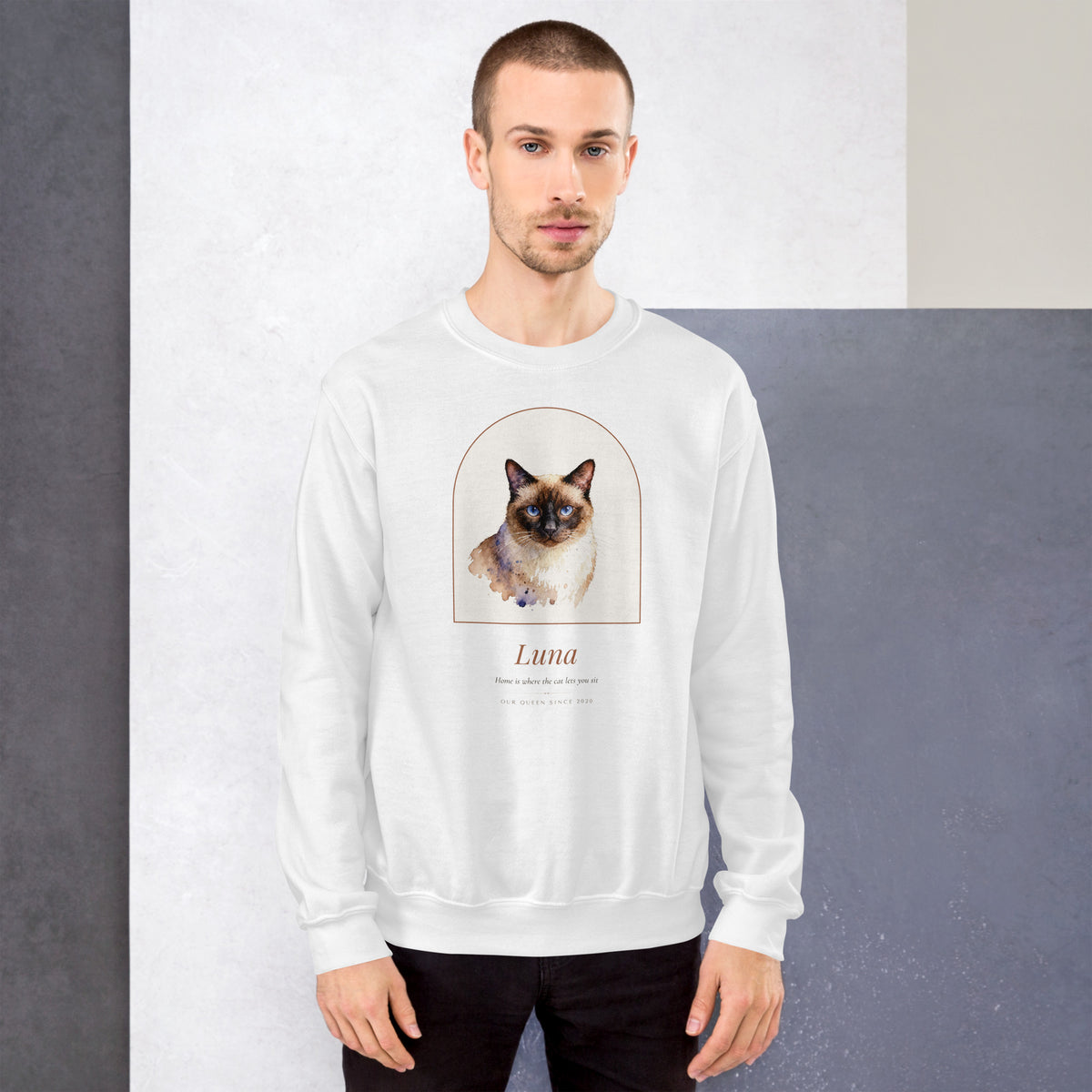 Watercolor Cat Portrait – lifestyle photo – Crewneck Sweatshirt