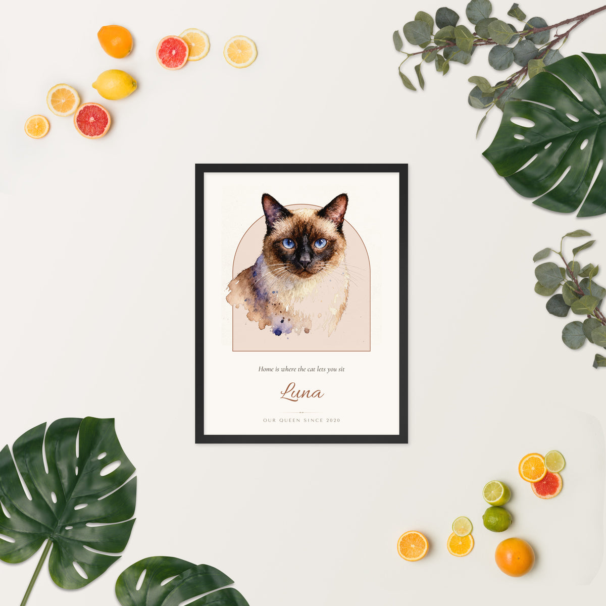 Watercolor Cat Portrait – lifestyle photo, spring/summer – Framed Print