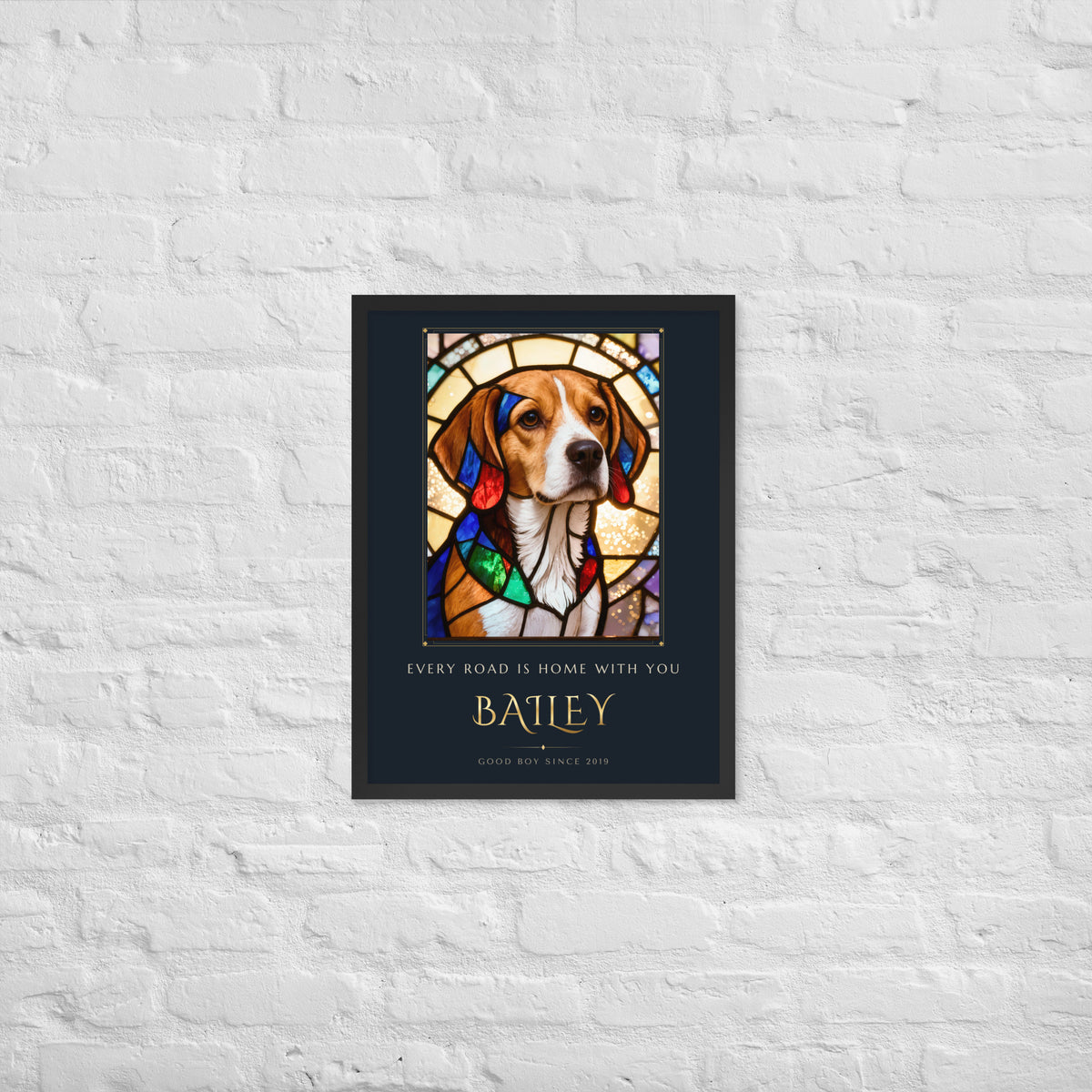 Stained Glass Dog Portrait – lifestyle photo – Framed Print