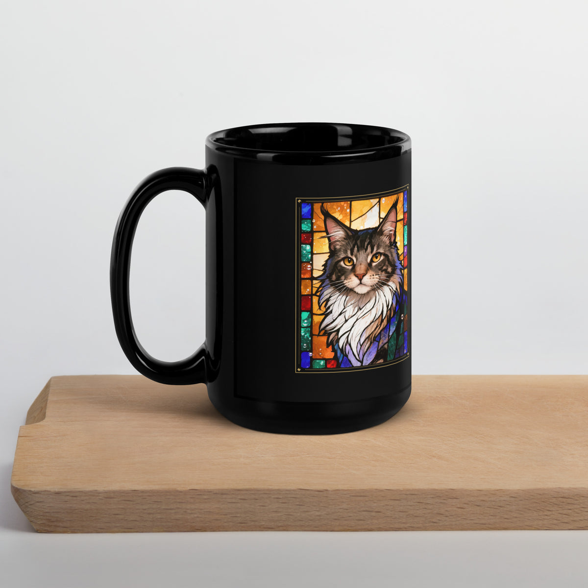 Stained Glass Cat Portrait – lifestyle photo, handle on left – Coffee Mug