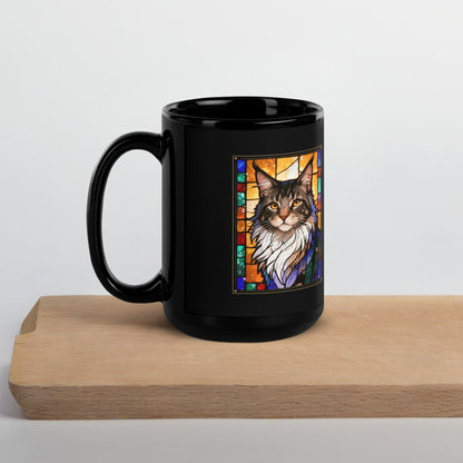 Stained Glass Cat Portrait – lifestyle photo, handle on left – Coffee Mug