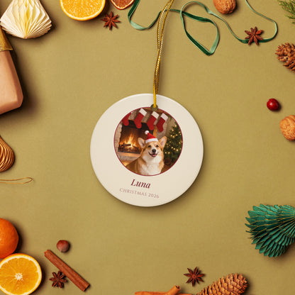 christmas pet portrait – lifestyle photo – Christmas Eve by the Fireplace Ornament