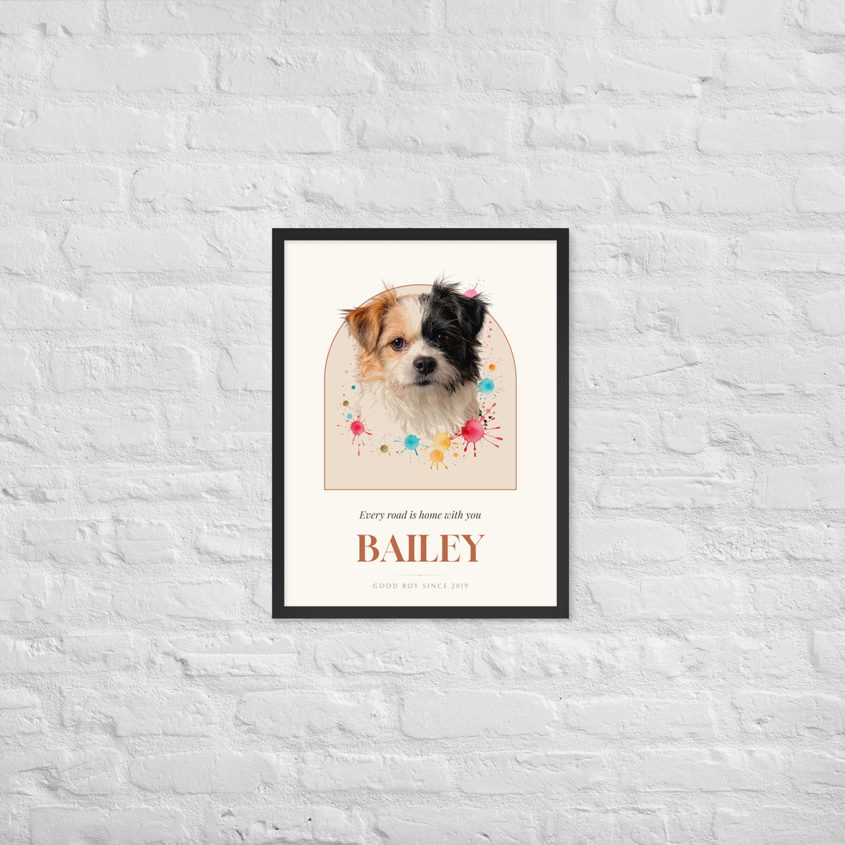 Watercolor Splash Dog Portrait – lifestyle photo – Framed Print