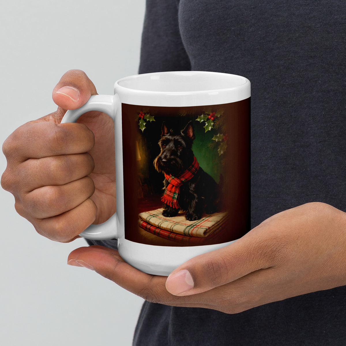 christmas pet portrait – product photo, handle on left – Heirloom Tartan Portrait Mug