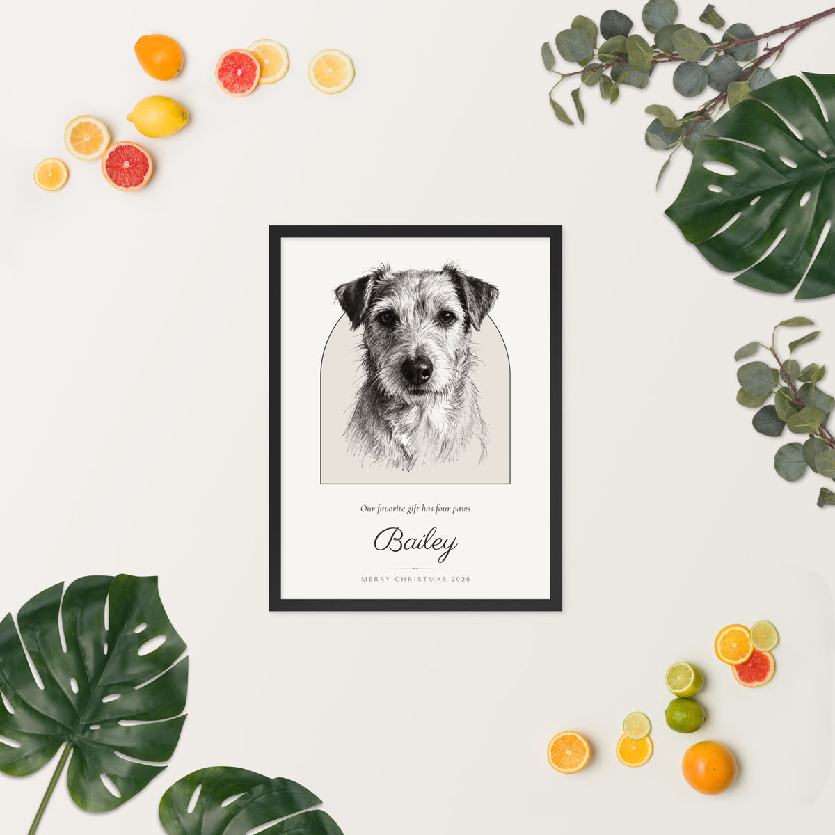 Pencil Sketch Pet Christmas Gift – lifestyle photo, spring/summer – Framed Print