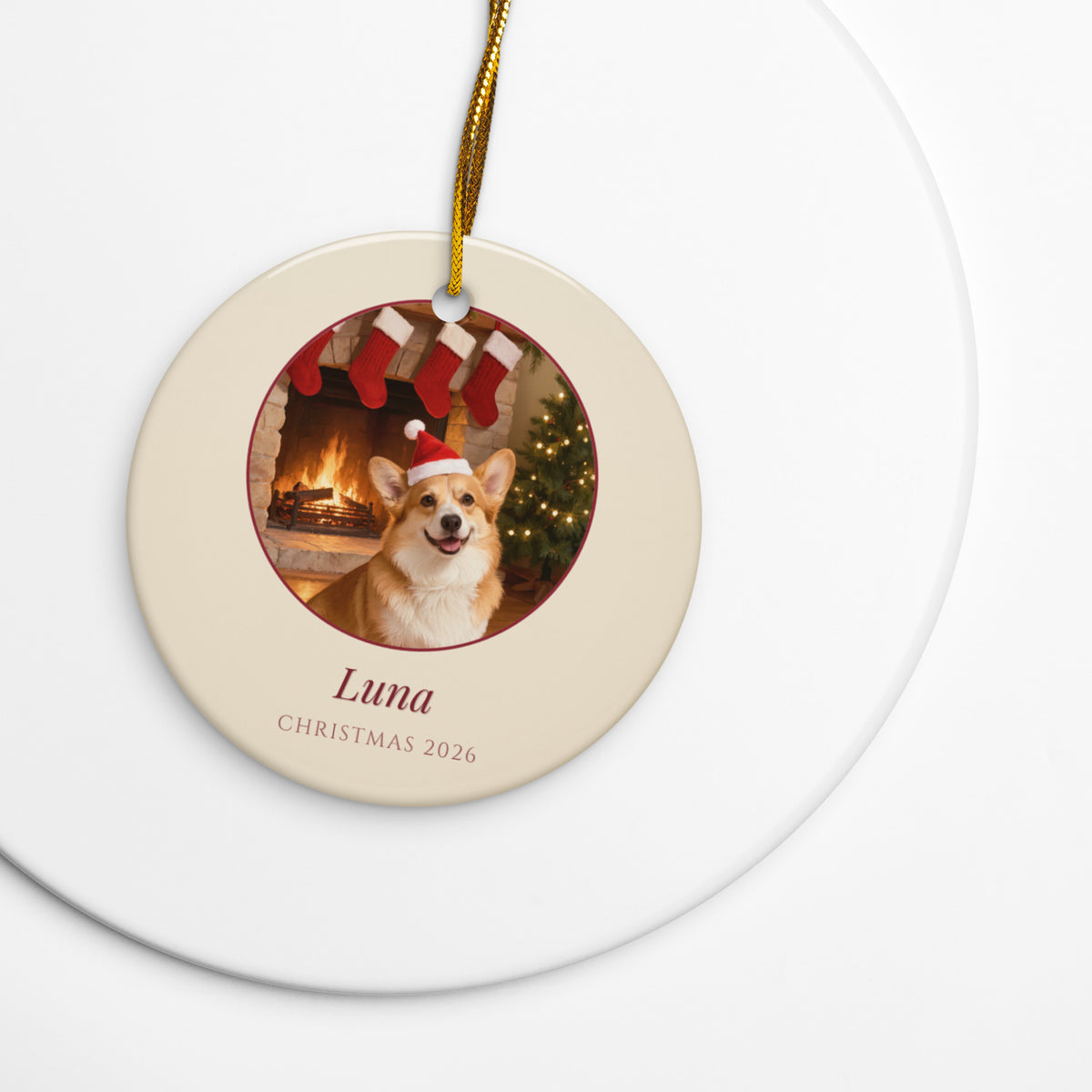 christmas pet portrait – lifestyle photo – Christmas Eve by the Fireplace Ornament