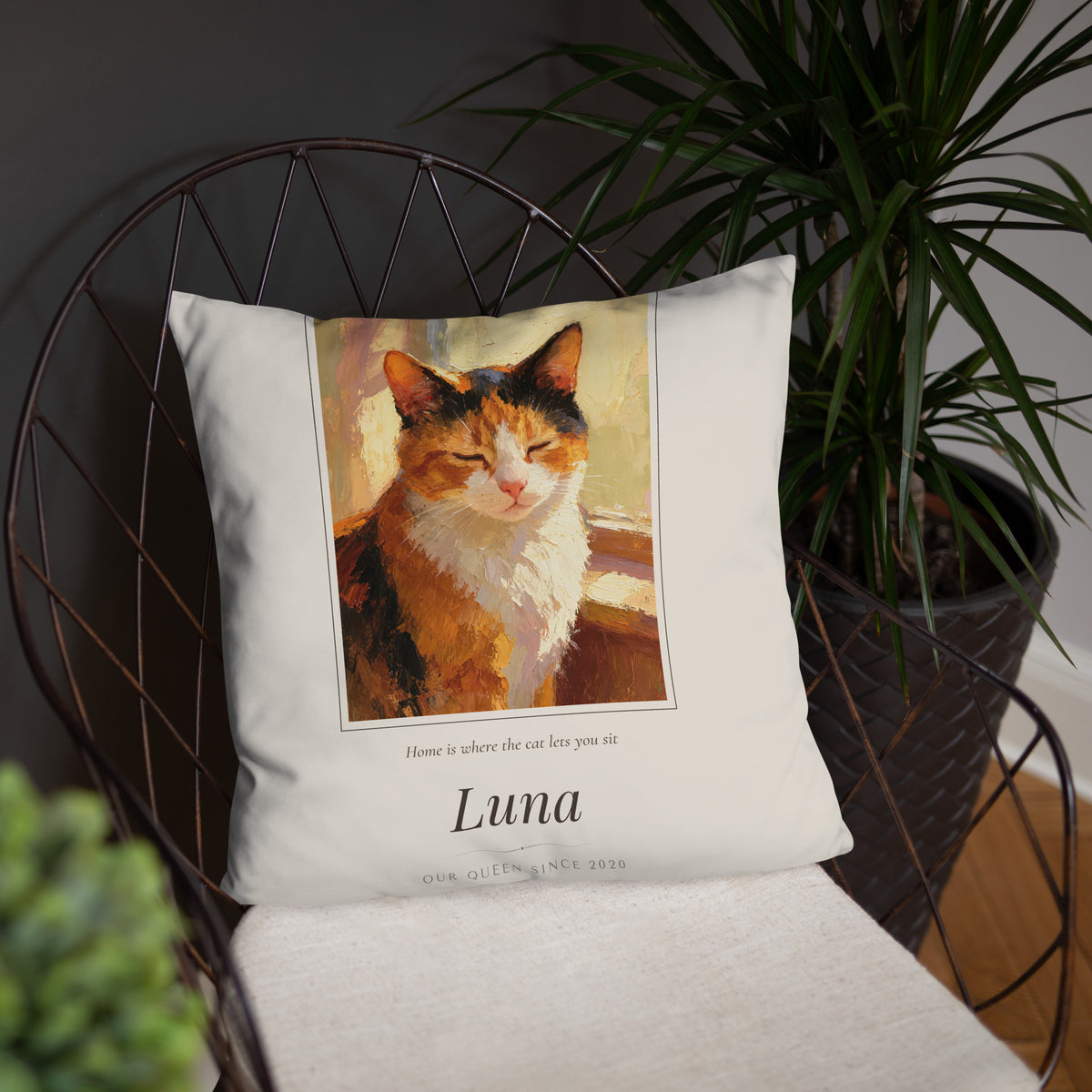 Oil Painting Cat Portrait – product photo, front lifestyle 4 – Throw Pillow