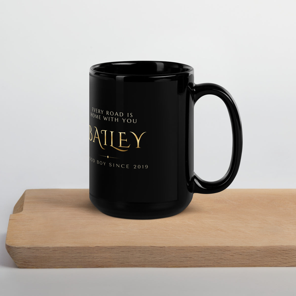 Stained Glass Dog Portrait – lifestyle photo, handle on right – Coffee Mug