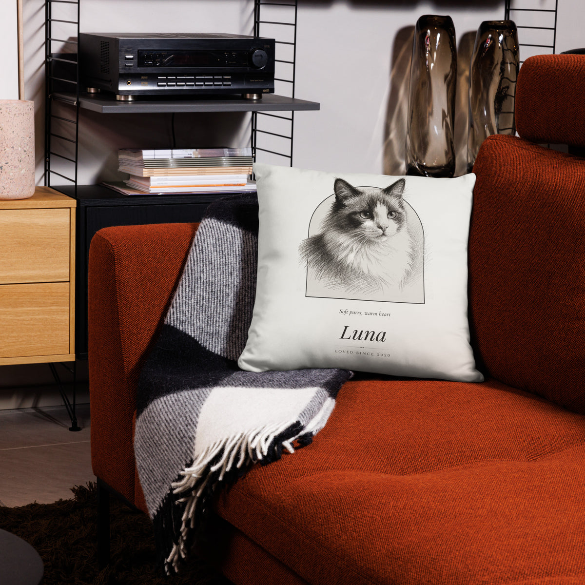 Pencil Sketch Cat Portrait Gift for Mom – lifestyle photo – Throw Pillow