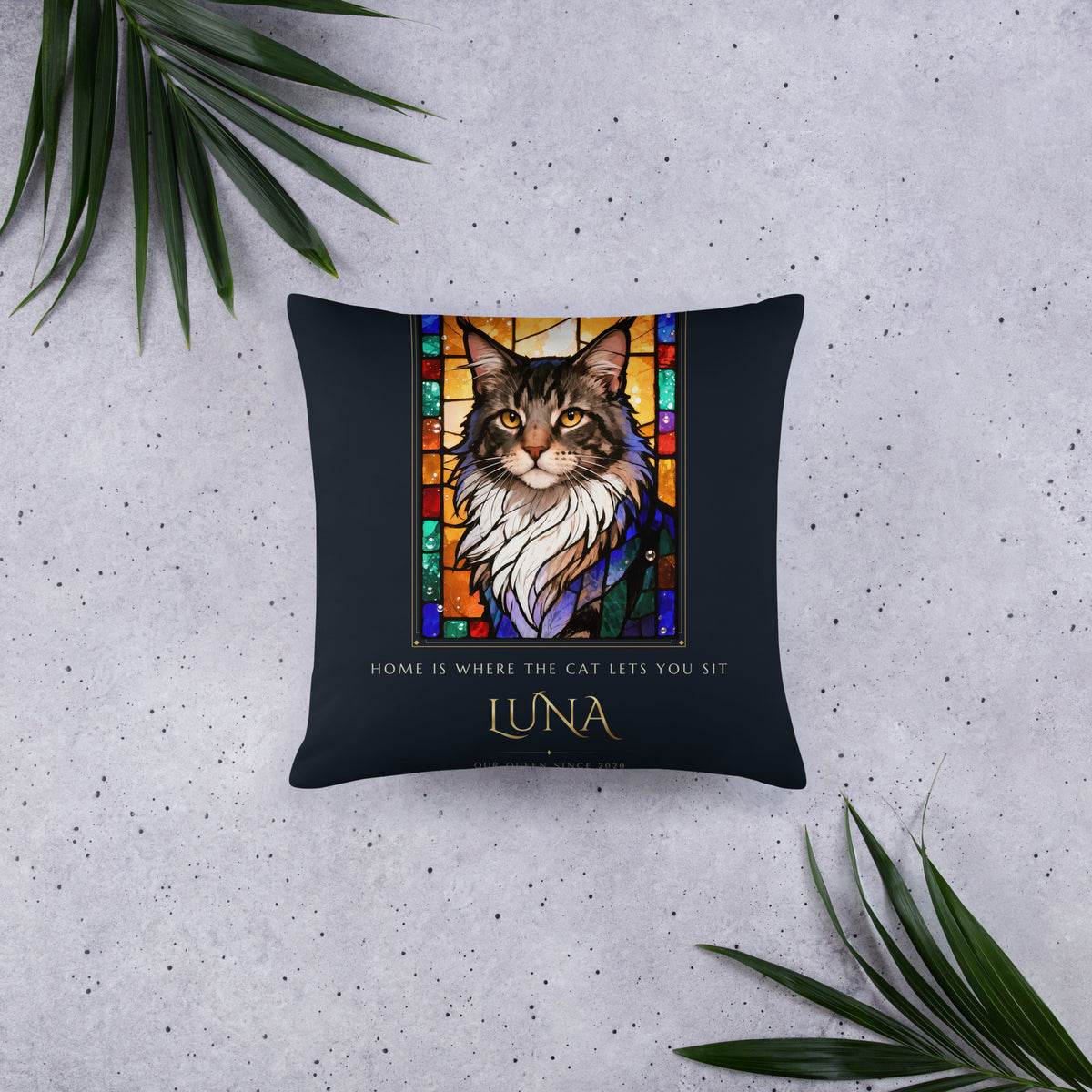 Stained Glass Cat Portrait – front view – Throw Pillow