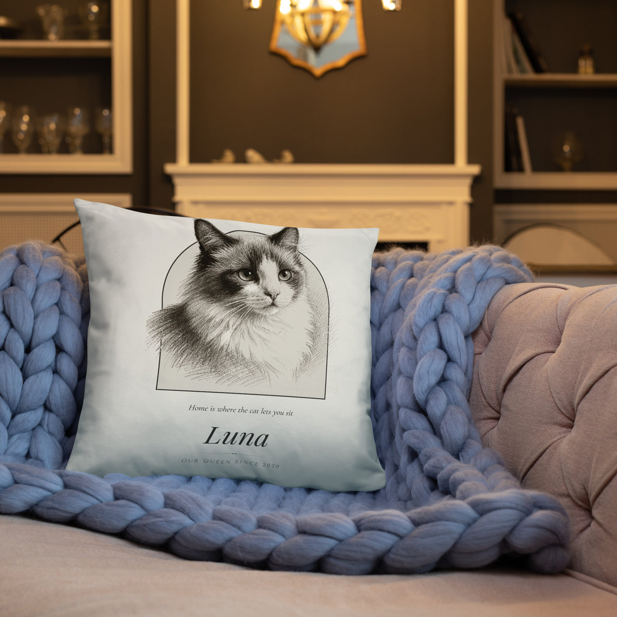 Pencil Sketch Cat Portrait – lifestyle photo, front lifestyle 3 – Throw Pillow