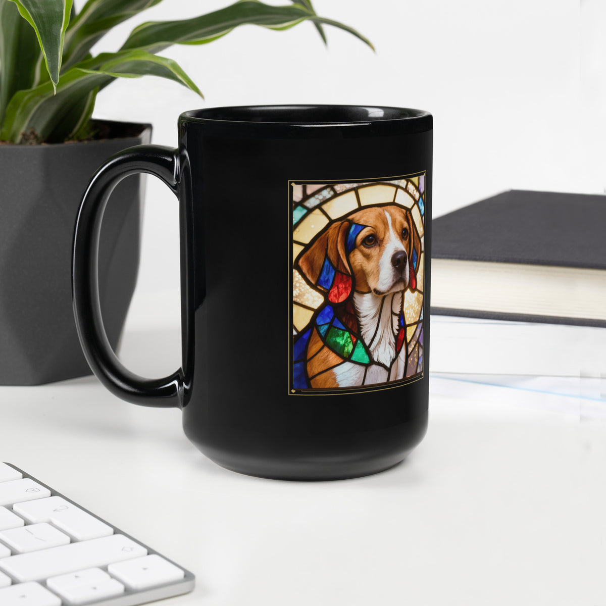 Stained Glass Dog Portrait – product photo, handle on left – Coffee Mug