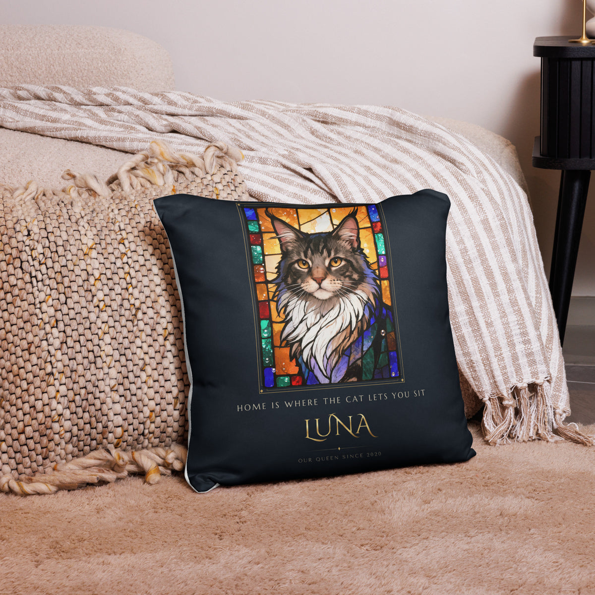 Stained Glass Cat Portrait – lifestyle photo – Throw Pillow
