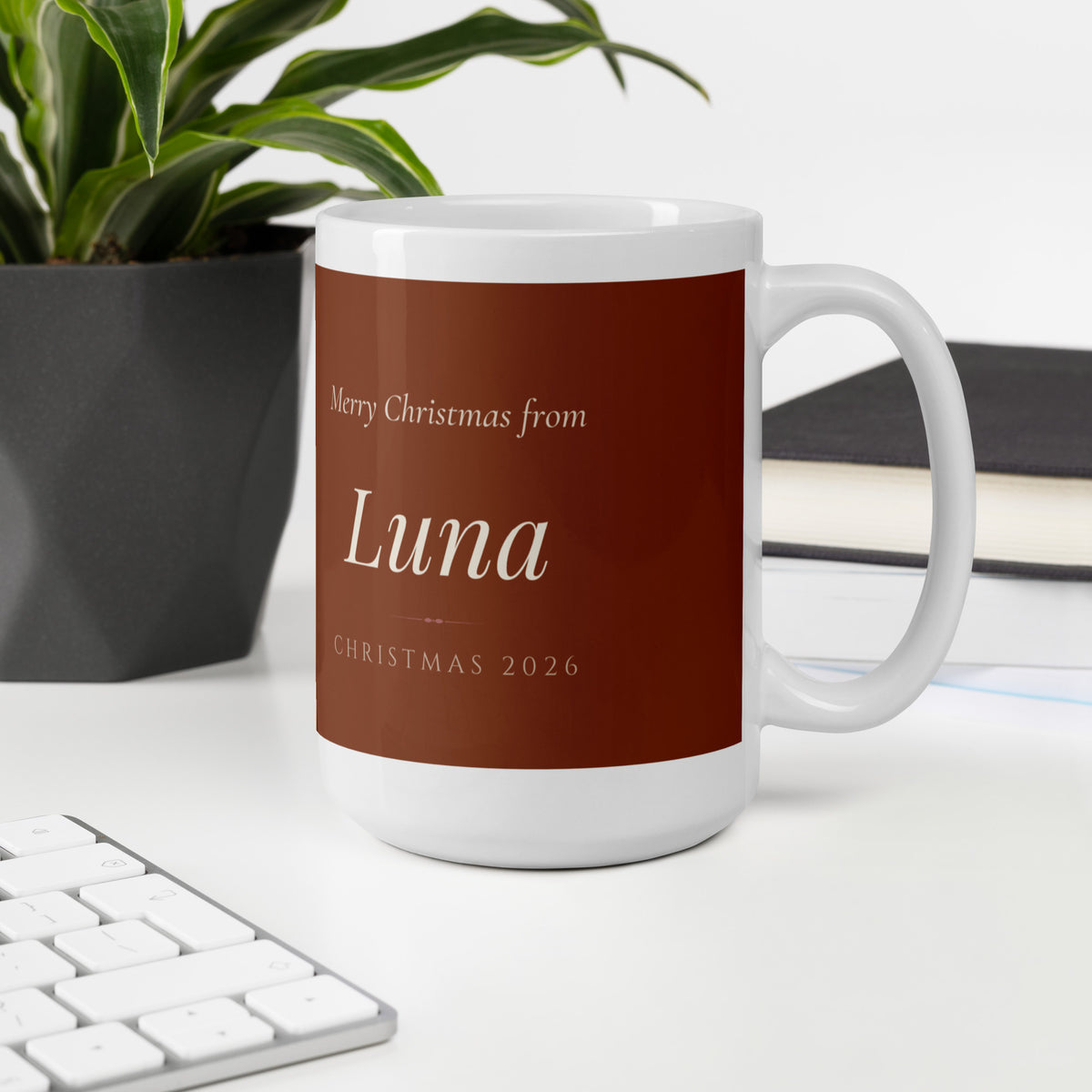 christmas pet portrait – lifestyle photo, office environment – Christmas Eve by the Fireplace Mug