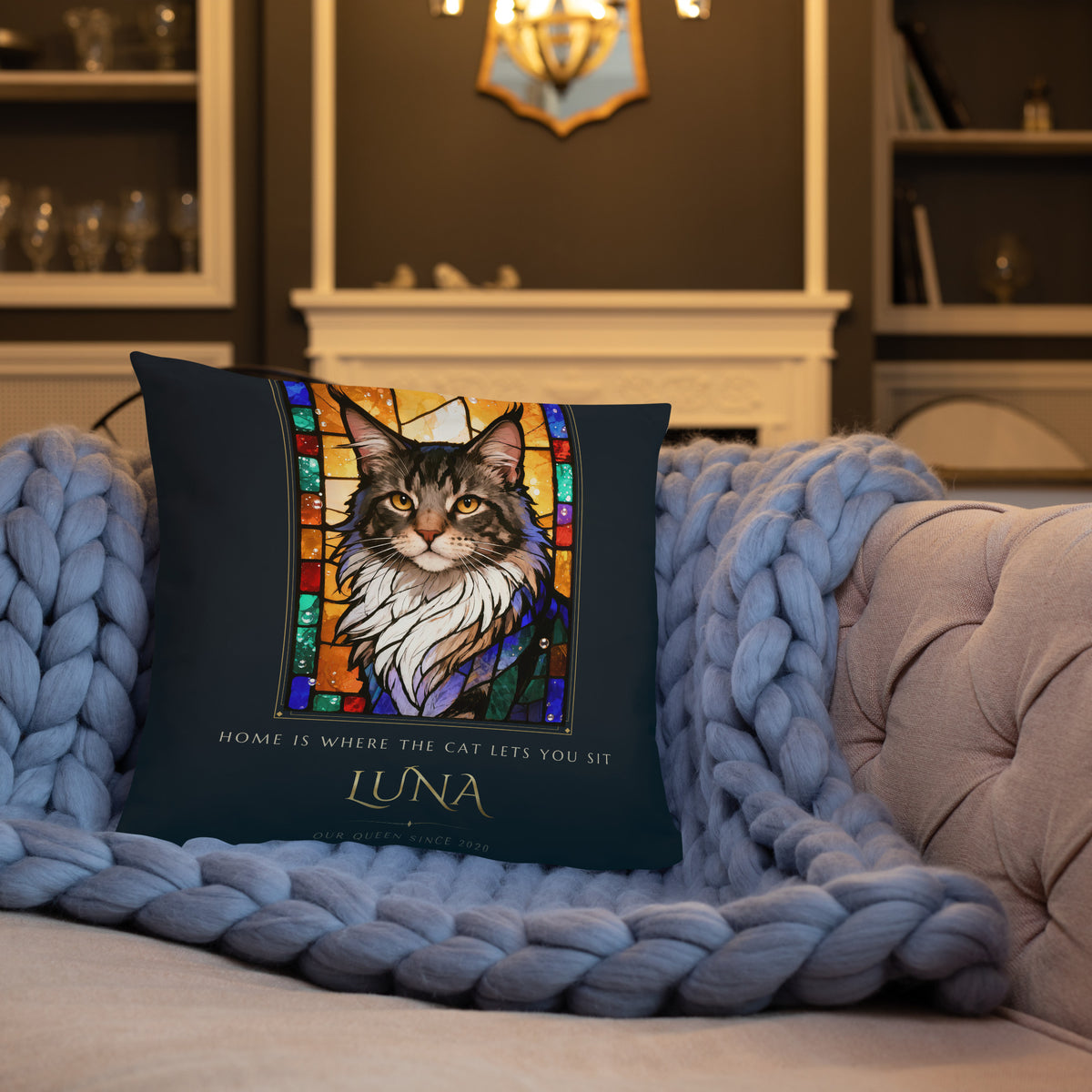Stained Glass Cat Portrait – lifestyle photo, front lifestyle 3 – Throw Pillow