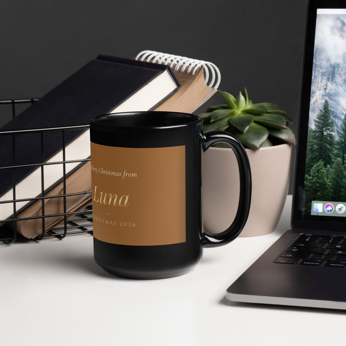 christmas cat portrait – lifestyle photo, handle on right – Up the Christmas Tree Mug