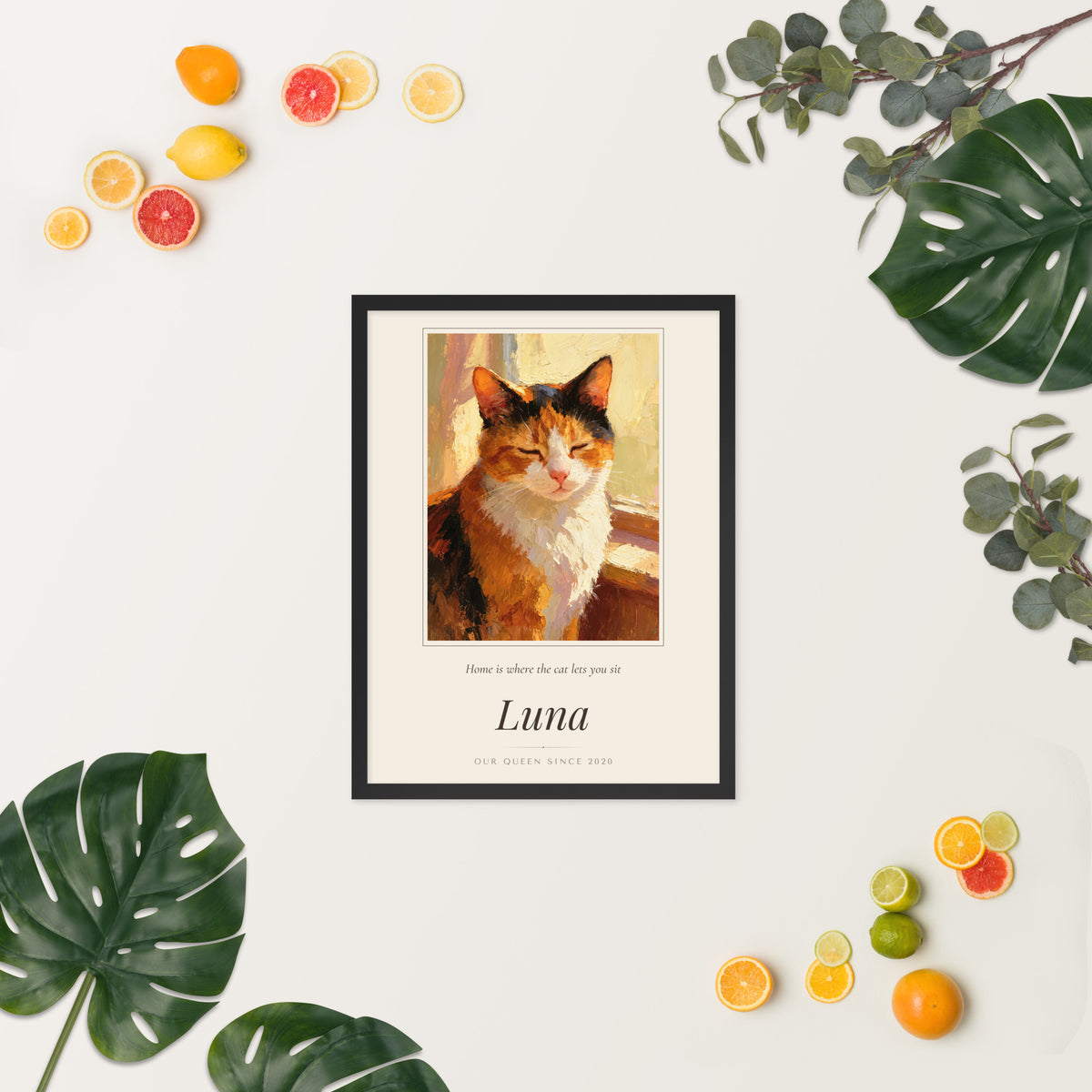 Oil Painting Cat Portrait – lifestyle photo, spring/summer – Framed Print