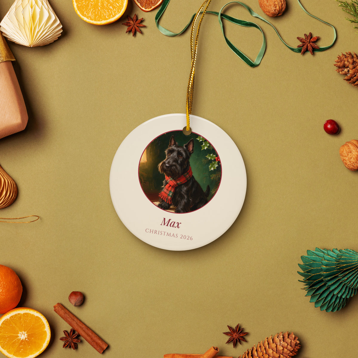 christmas pet portrait – lifestyle photo – Heirloom Tartan Portrait Ornament