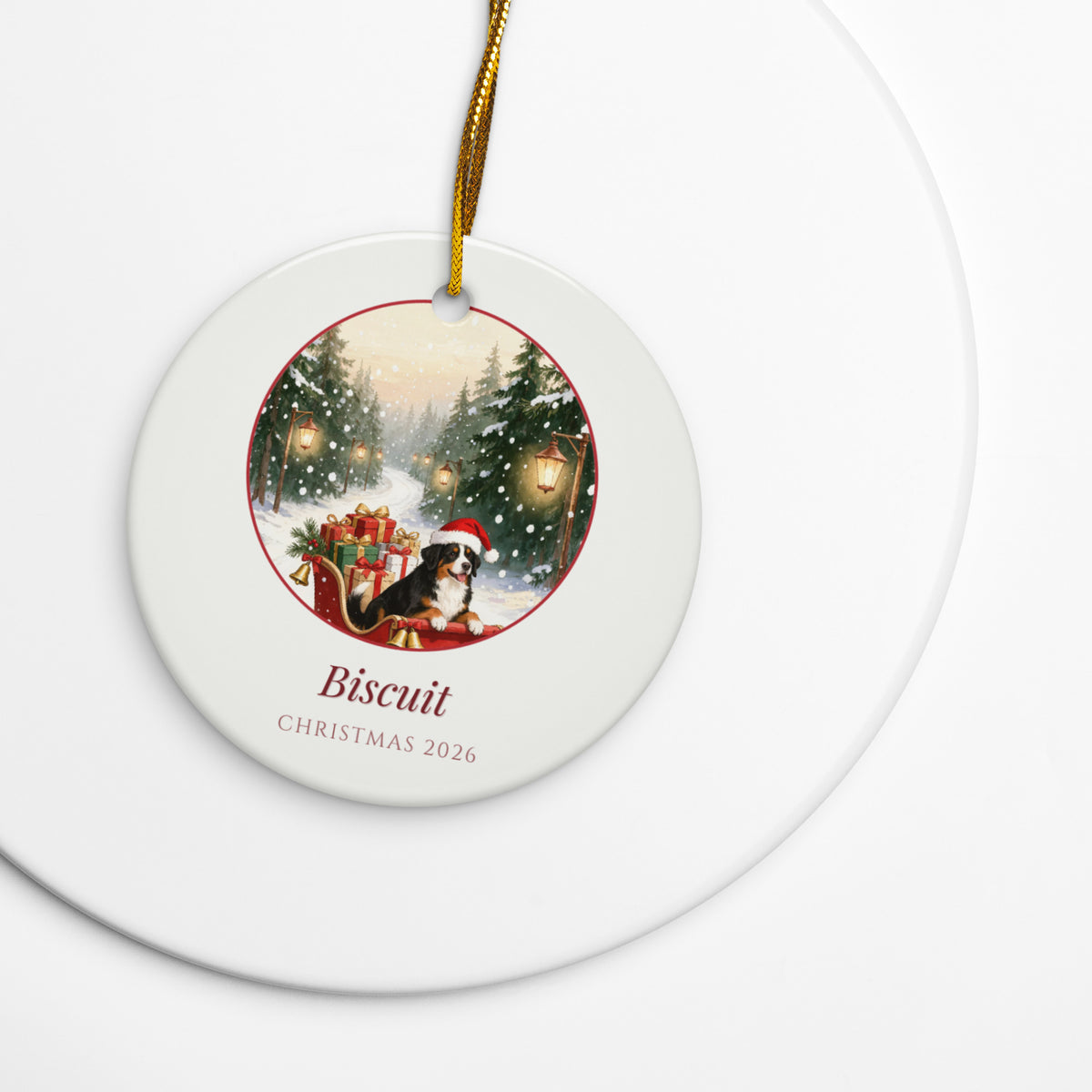 christmas pet portrait – lifestyle photo – Delivering Presents Ornament