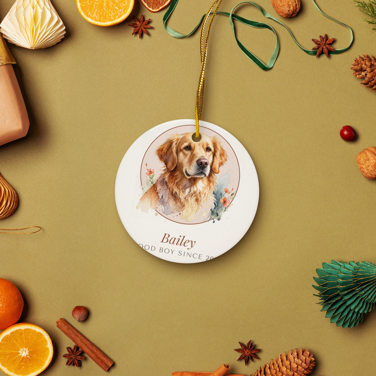 Watercolor Dog Portrait – lifestyle photo – Ceramic Ornament