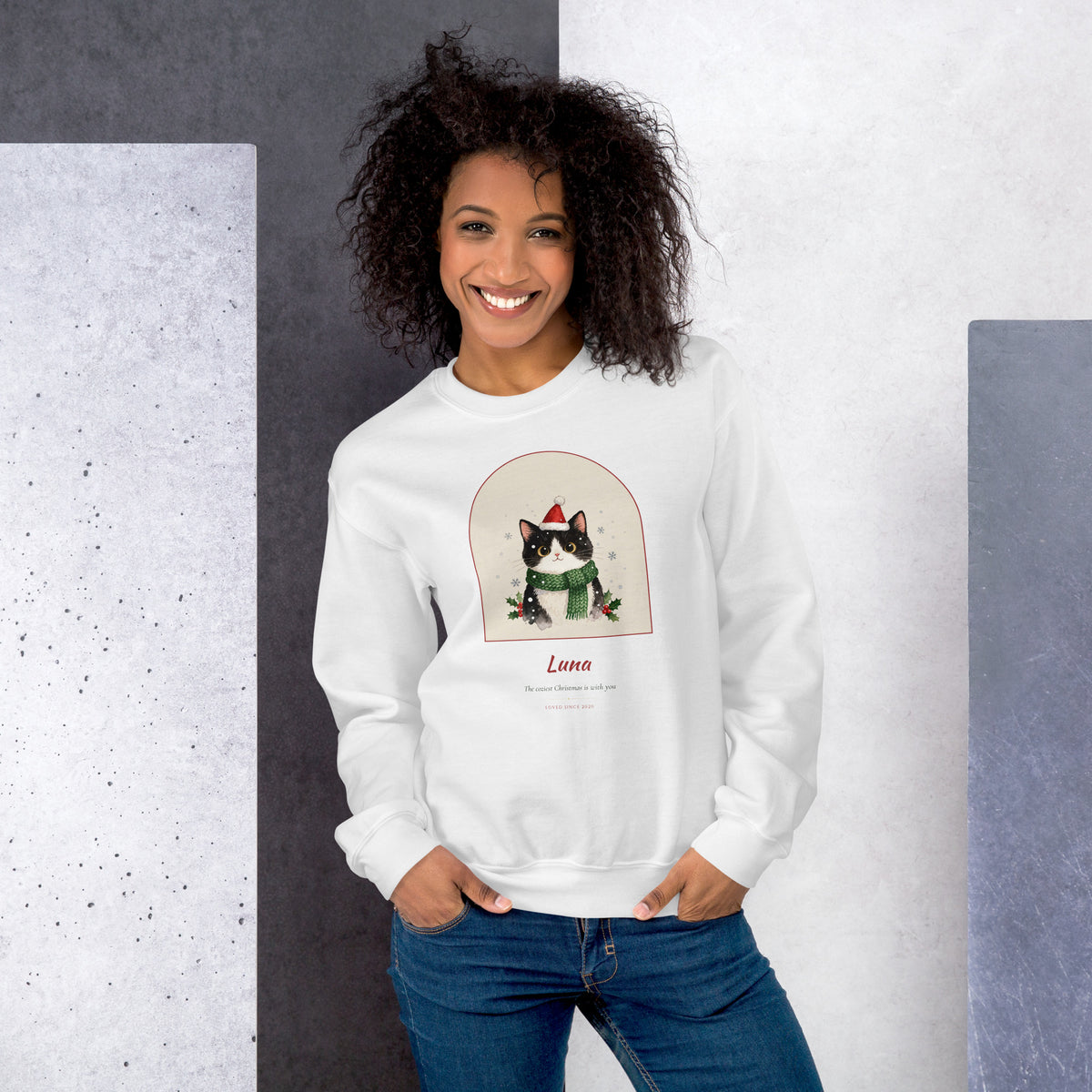 Christmas Cat Portrait Gift for Mom – lifestyle photo – Crewneck Sweatshirt