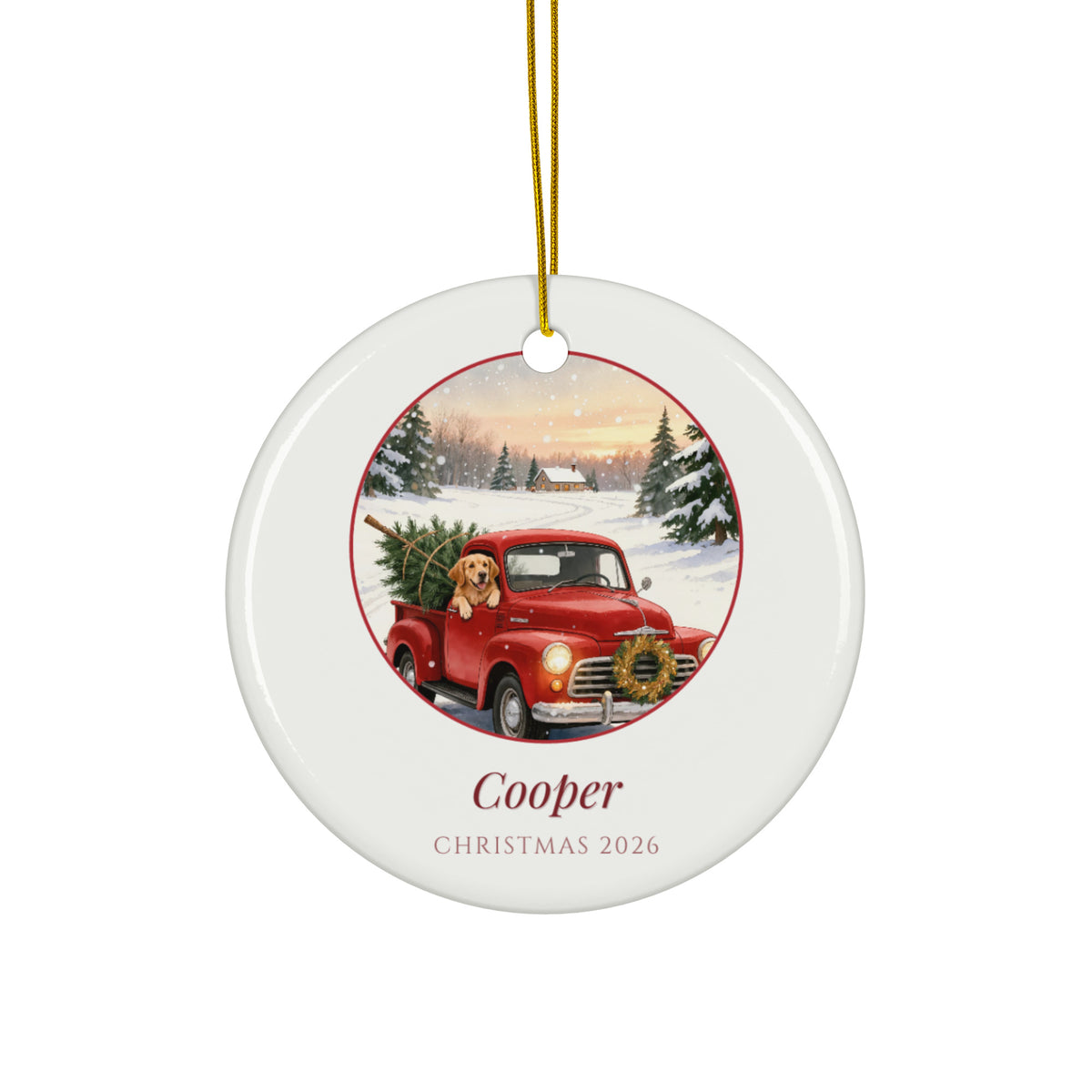 christmas pet portrait – product photo – Little Red Truck Christmas Ornament