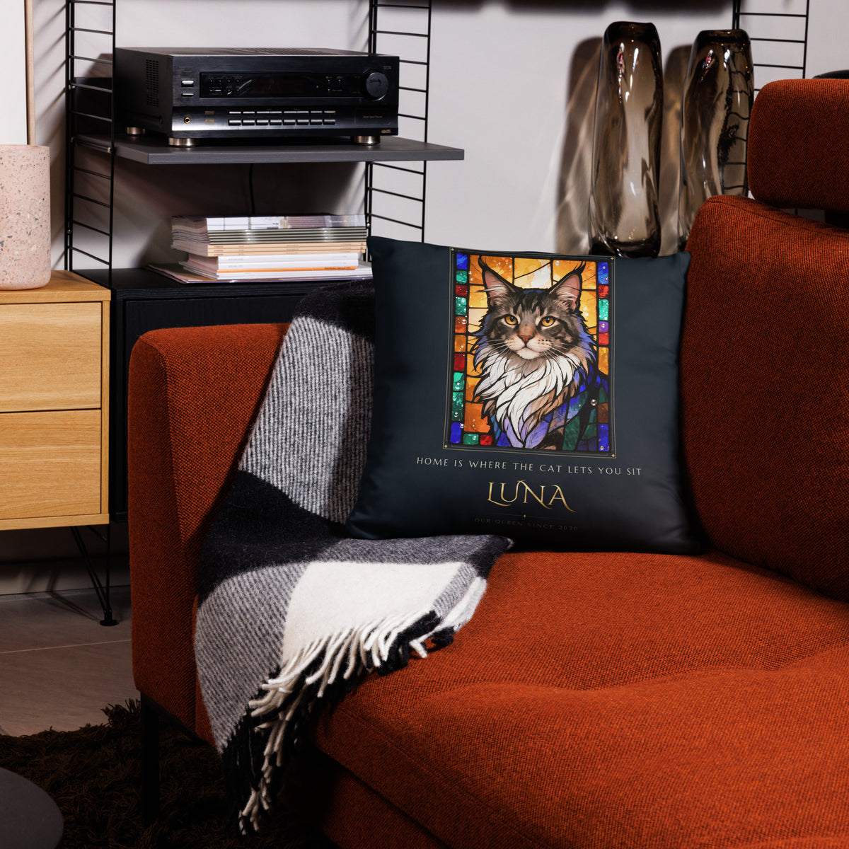 Stained Glass Cat Portrait – lifestyle photo – Throw Pillow