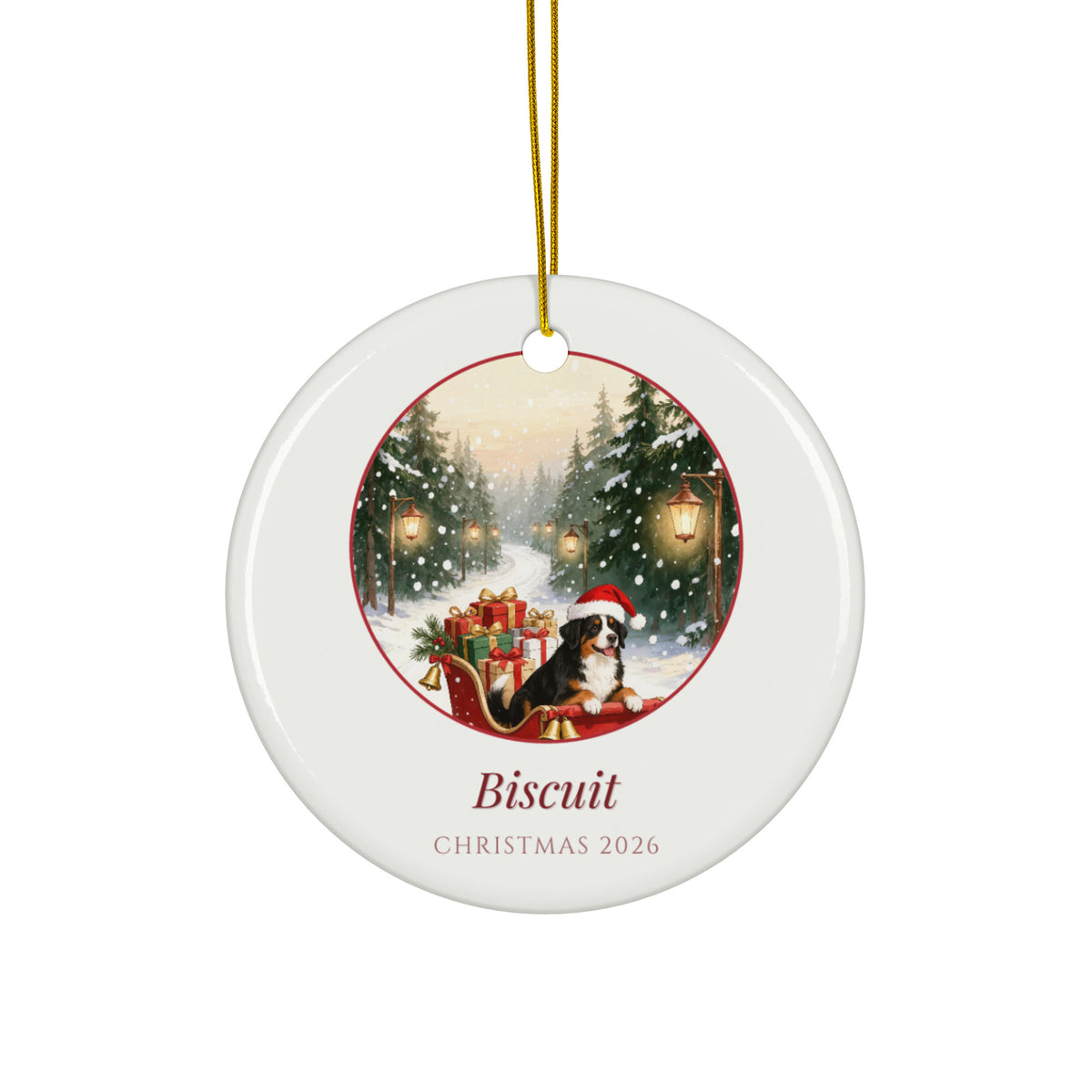 christmas pet portrait – product photo – Delivering Presents Ornament