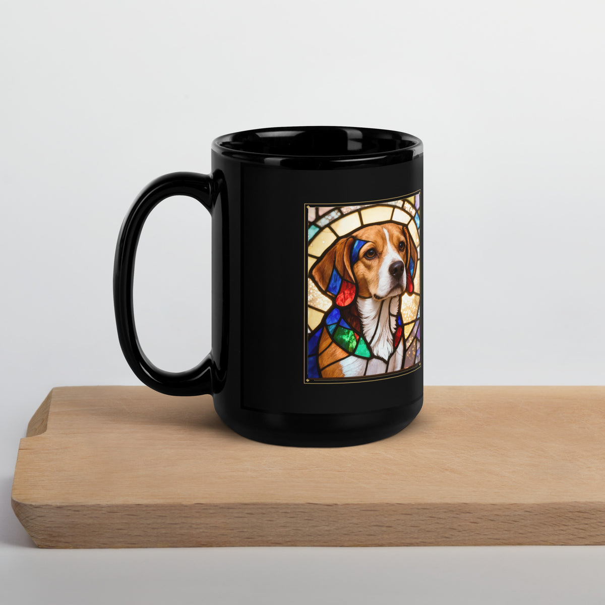 Stained Glass Pet Memorial Portrait – lifestyle photo, handle on left – Coffee Mug