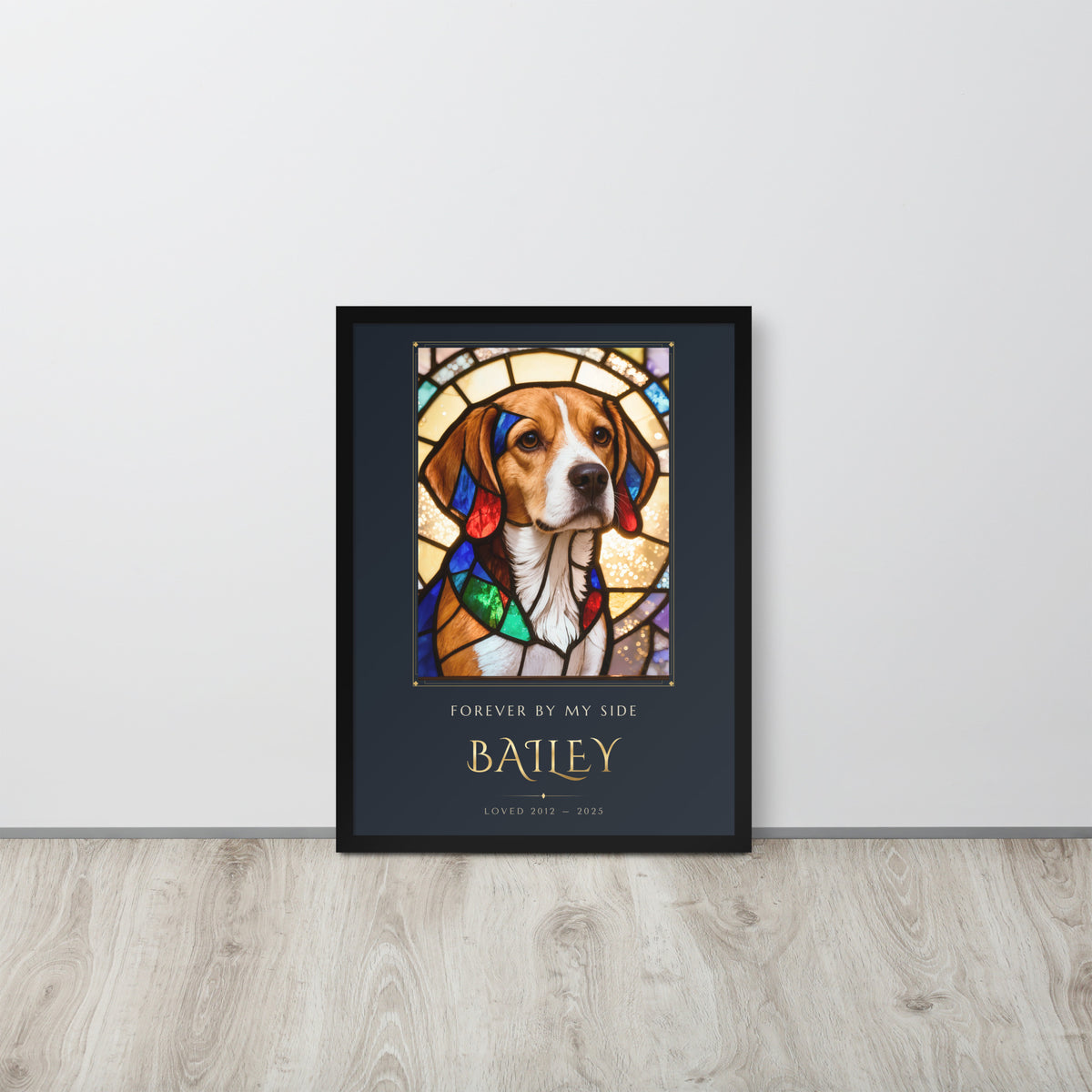 Stained Glass Pet Memorial Portrait – lifestyle photo – Framed Print