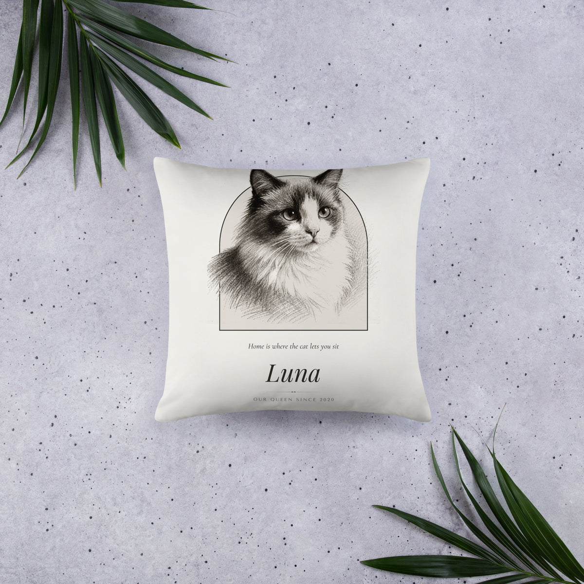 Pencil Sketch Cat Portrait – front view – Throw Pillow