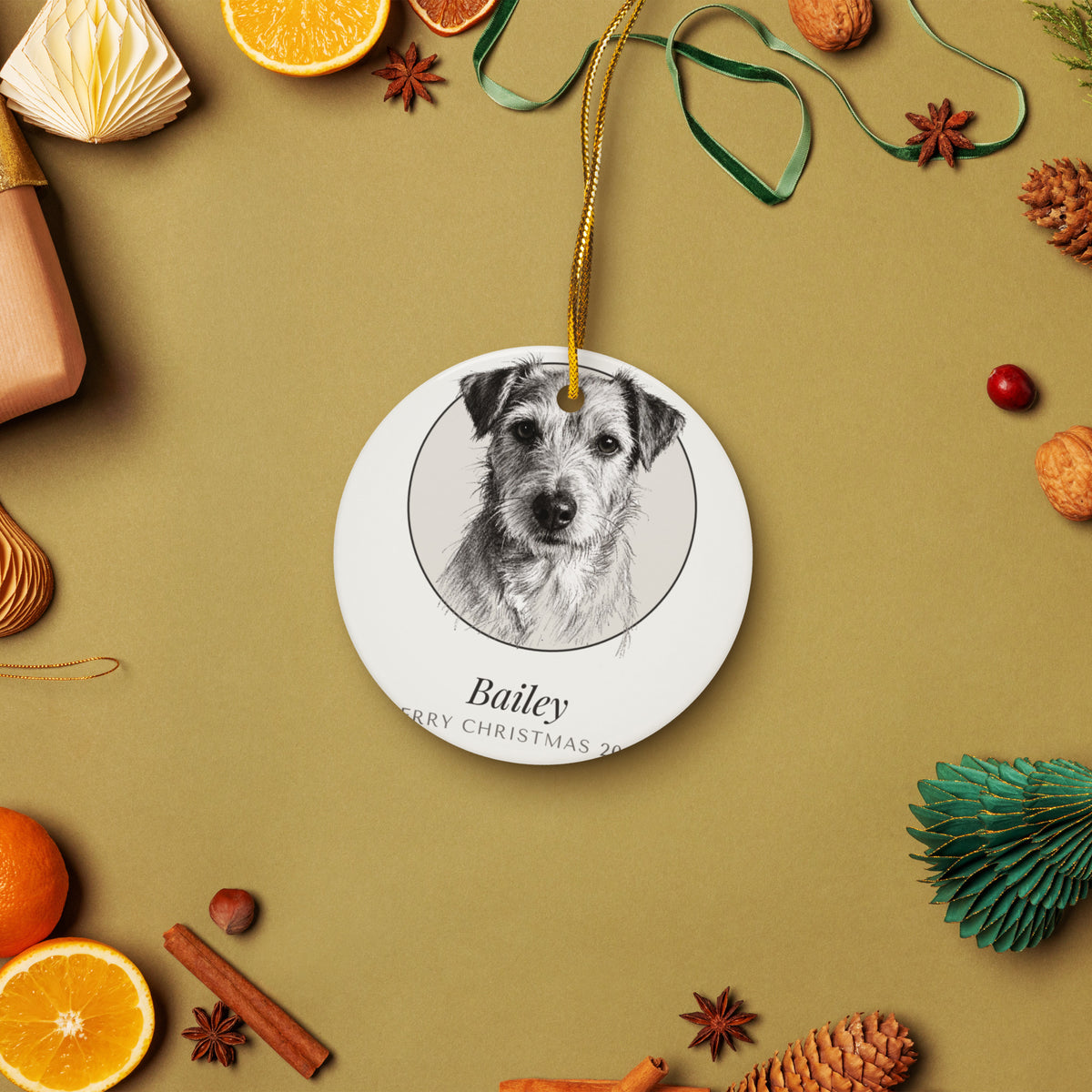 Pencil Sketch Pet Christmas Gift – lifestyle photo – Ceramic Ornament