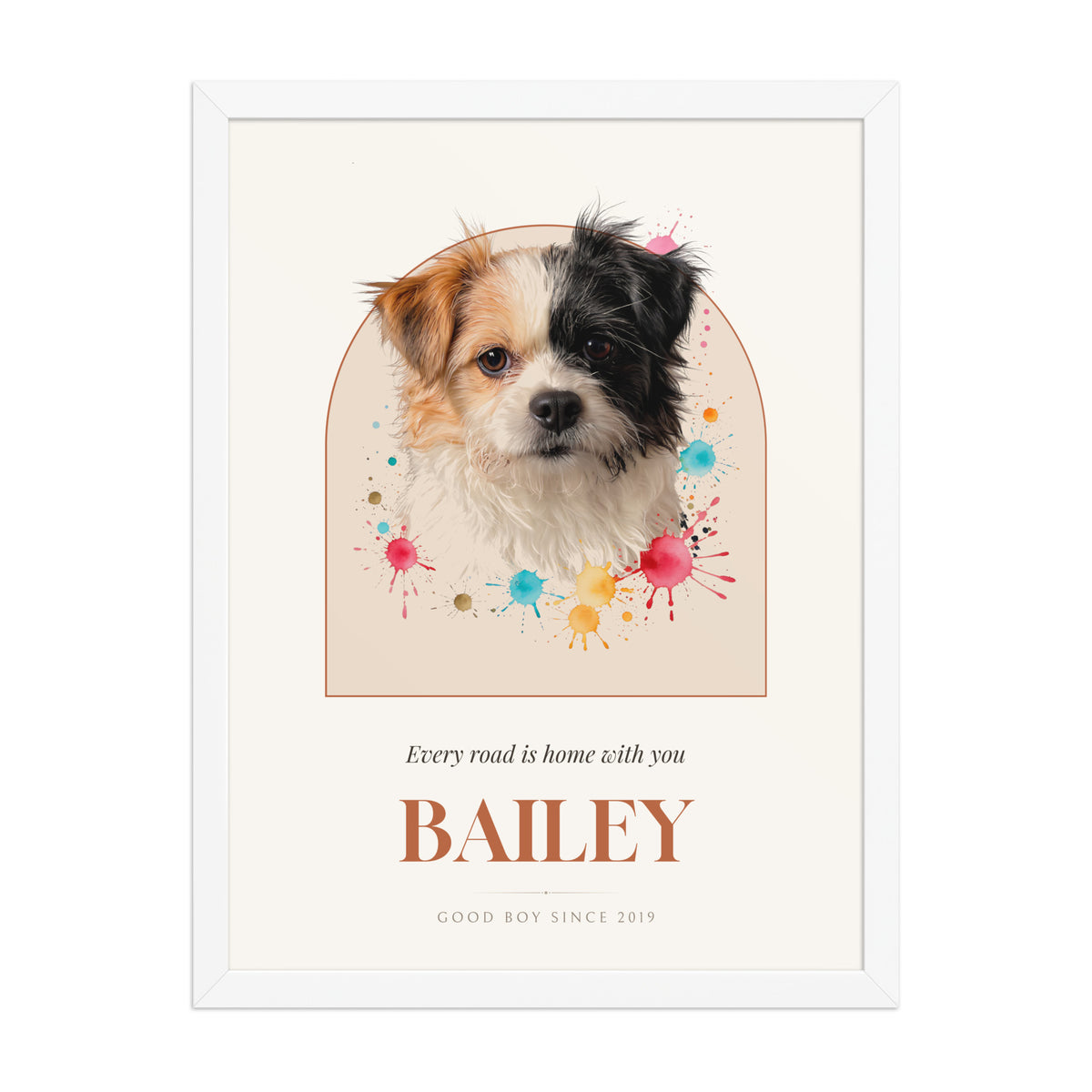Watercolor Splash Dog Portrait – front view – Framed Print
