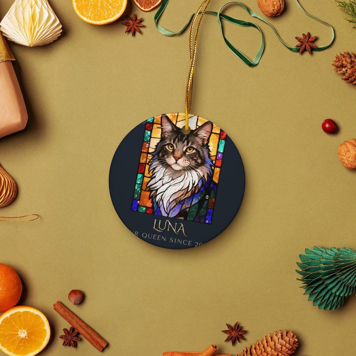 Stained Glass Cat Portrait – lifestyle photo – Ceramic Ornament