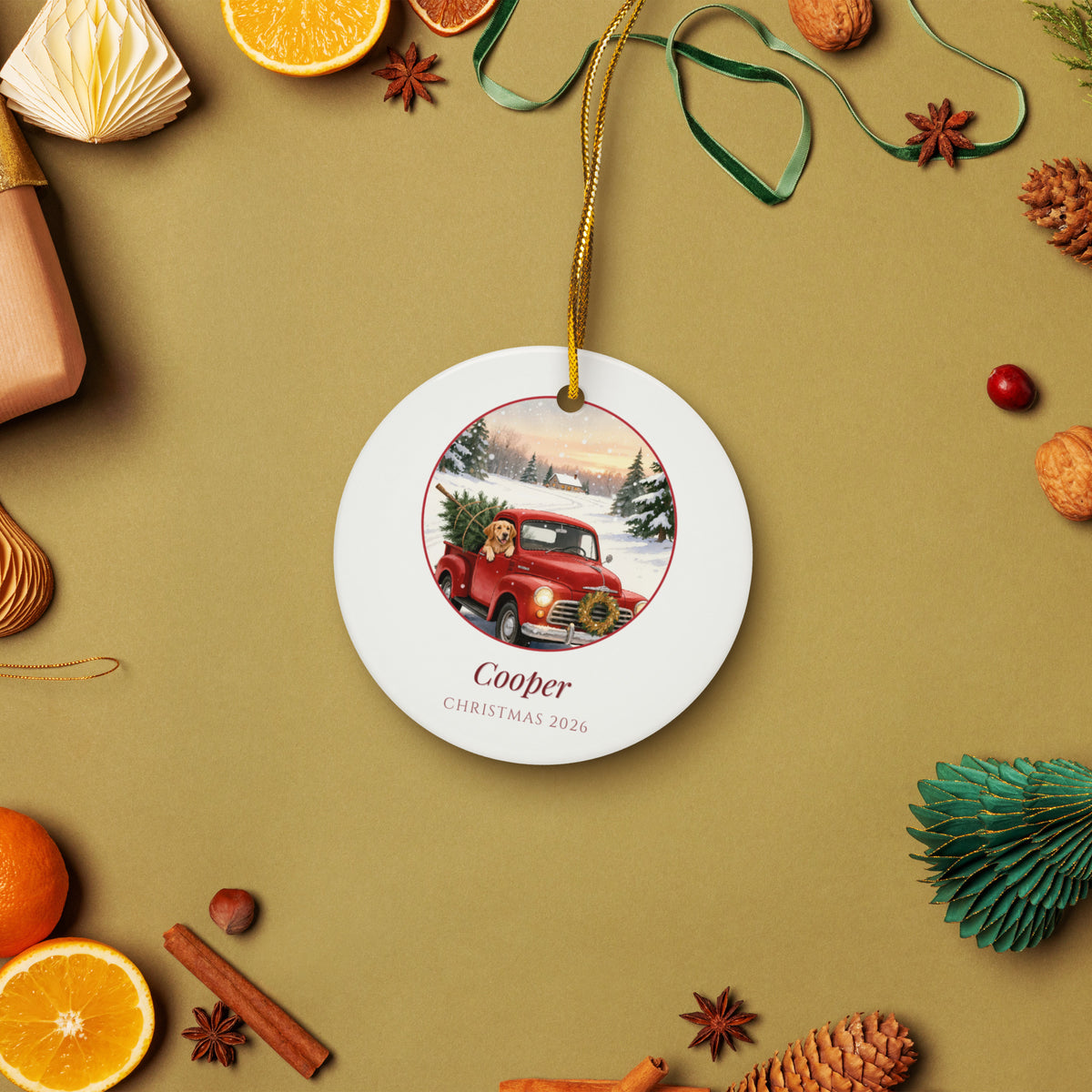 christmas pet portrait – lifestyle photo – Little Red Truck Christmas Ornament