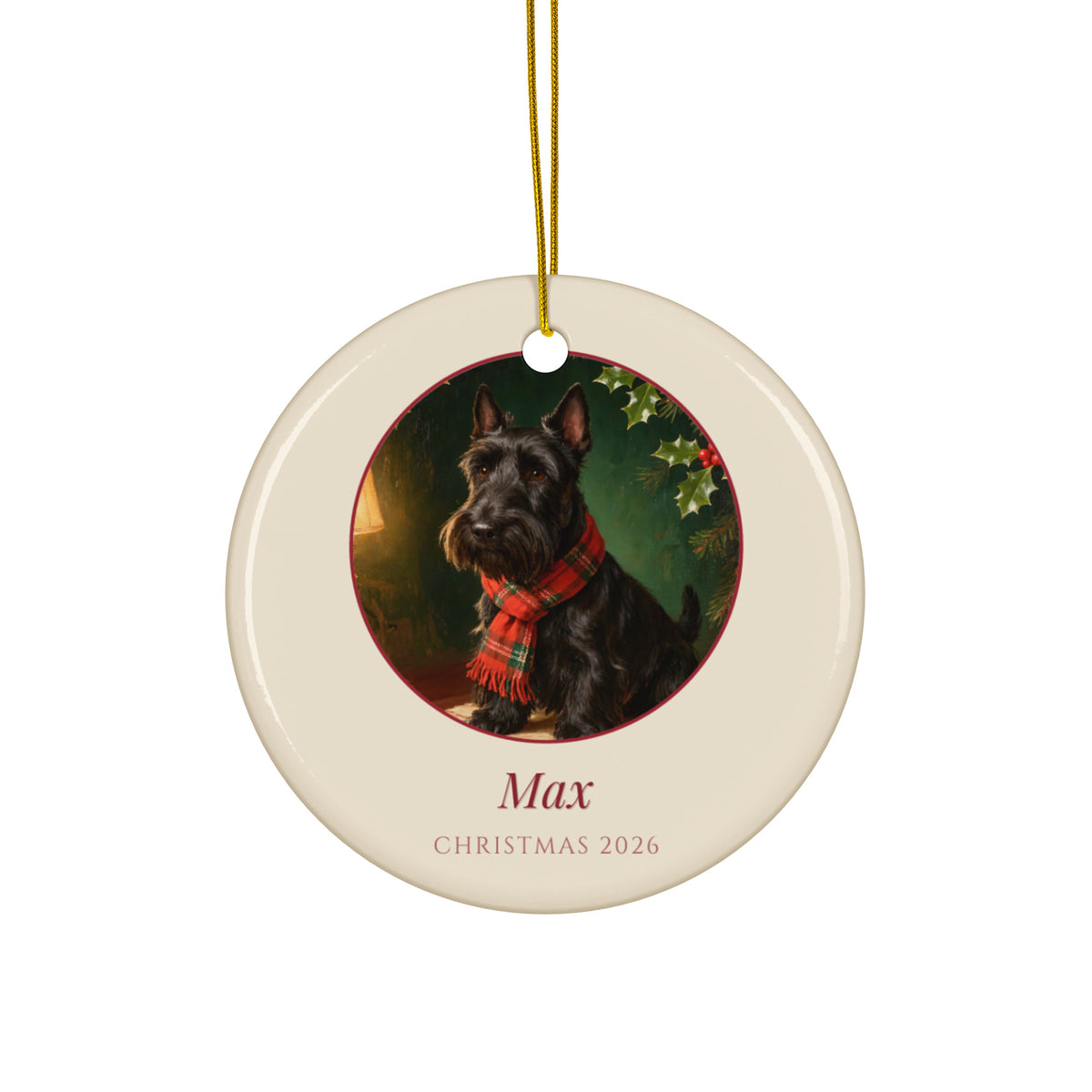 christmas pet portrait – product photo – Heirloom Tartan Portrait Ornament