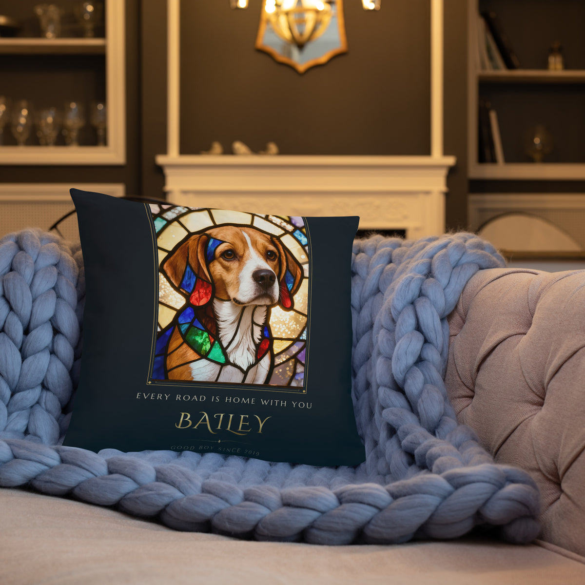 Stained Glass Dog Portrait – lifestyle photo, front lifestyle 3 – Throw Pillow